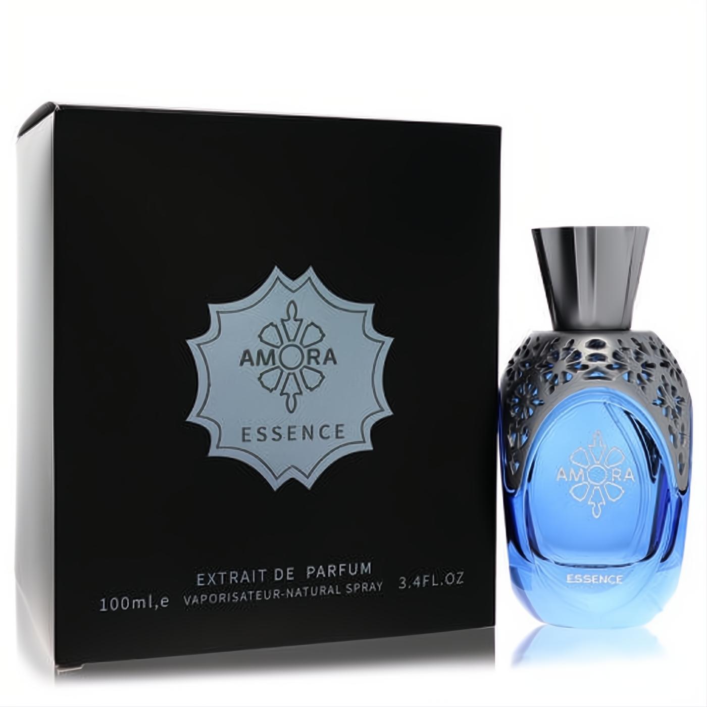 Exquisite Atralia Amora Essence unisex 3.4 oz extrait de parfum. Blue bottle with ornate silver casing and a sophisticated black box.