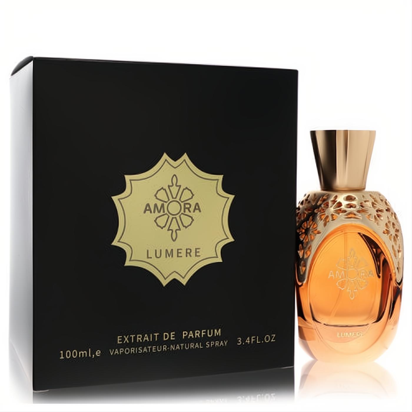Exquisite Atralia Amora Lumere 3.4 oz unisex Extrait De Parfum. Features an ornate gold bottle with amber liquid and a sleek black box.