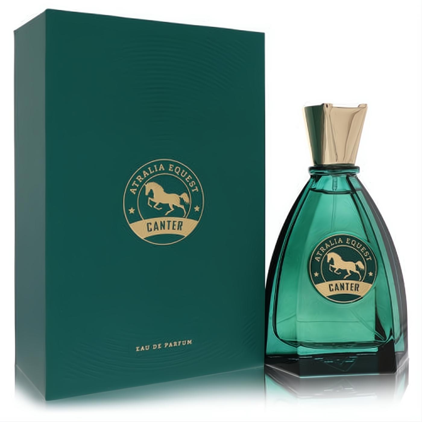 Elegant Atralia Equest Canter 3.4 oz unisex EDP. Emerald green bottle with gold cap and equestrian horse emblem, next to its luxurious matching box.