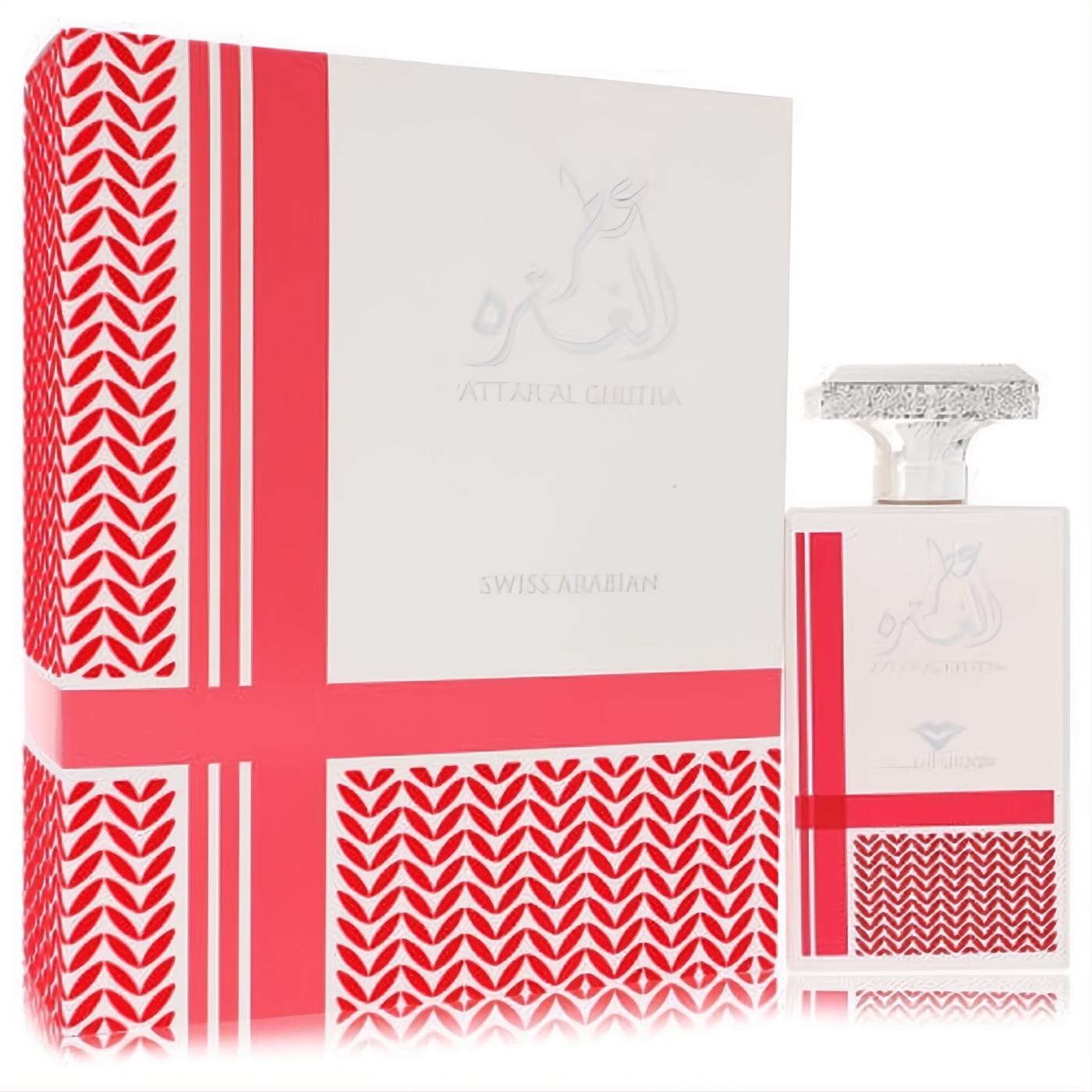 Attar Al Ghutra 3.4 oz EDP in a white bottle with bold red Ghutra-inspired patterns and dazzling crystal cap, beside its matching box.