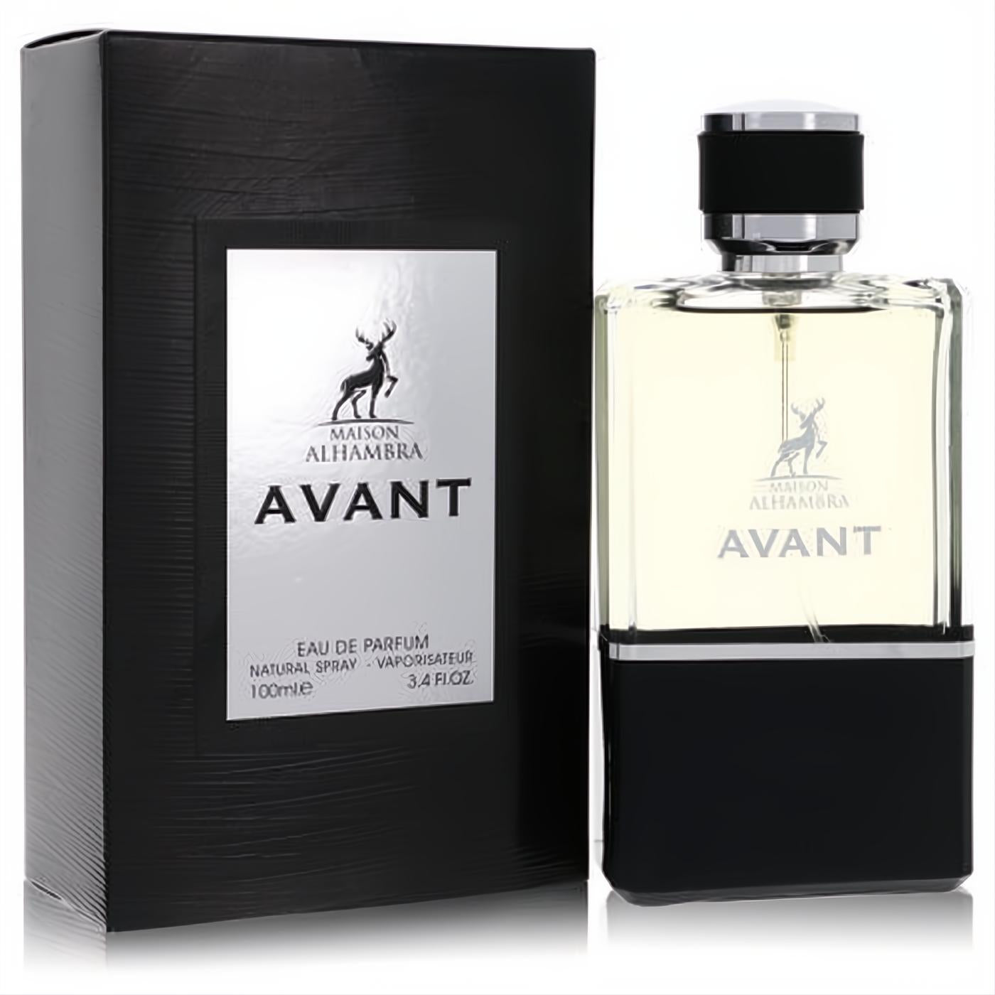 Avant by Maison Alhambra 3.4 oz men's Eau De Parfum. Elegant clear and black bottle with a silver cap, next to its textured black box.