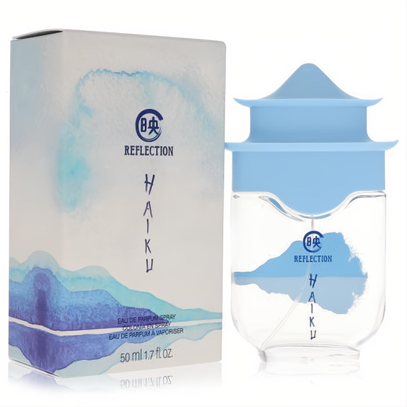 Avon Haiku Reflection 1.7 oz EDP. Clear bottle with elegant light blue pagoda cap and serene landscape box.