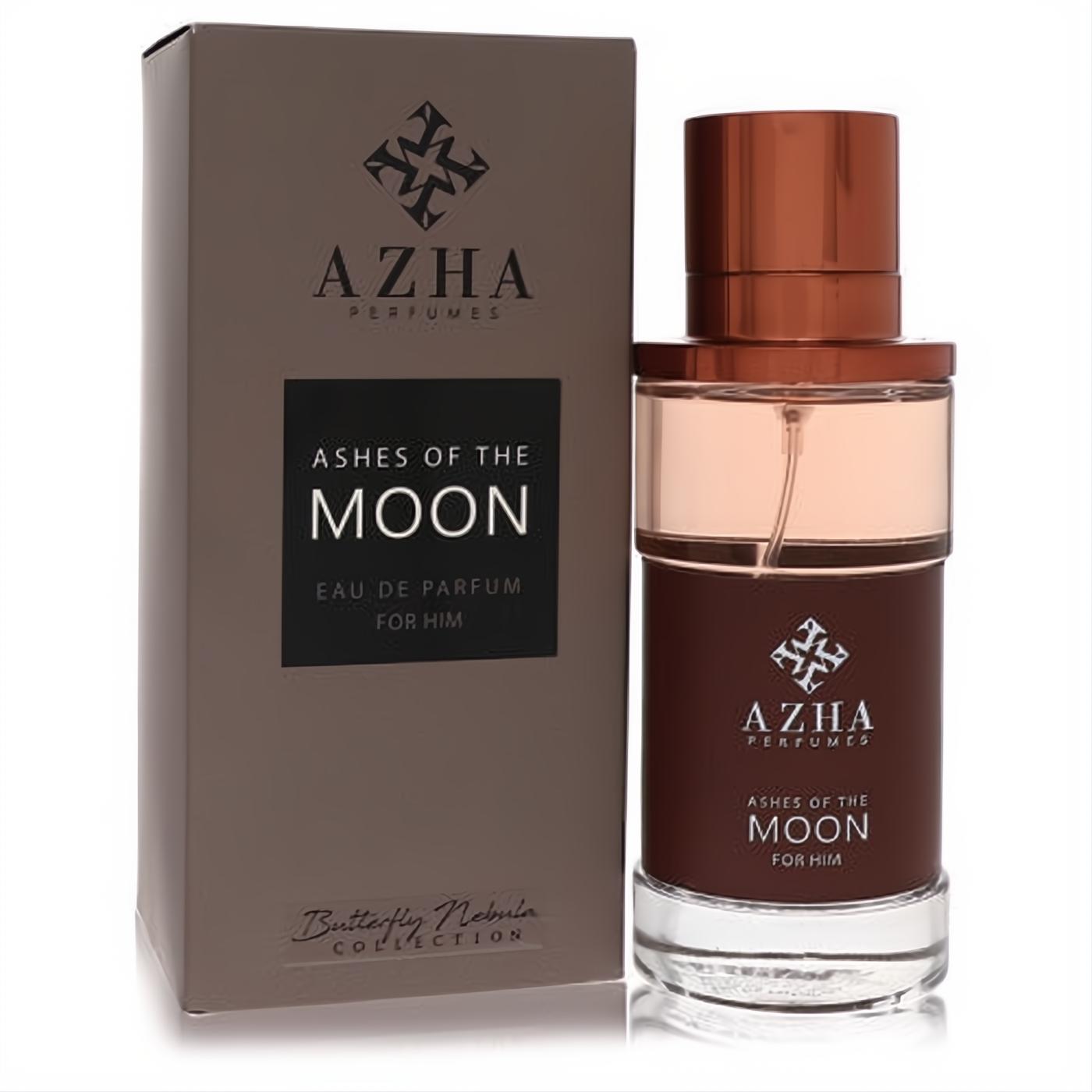 Sophisticated Azha Ashes of Moon 3.3 oz men's EDP spray. Dark bronze glass bottle with clear top & copper cap, next to its elegant box.