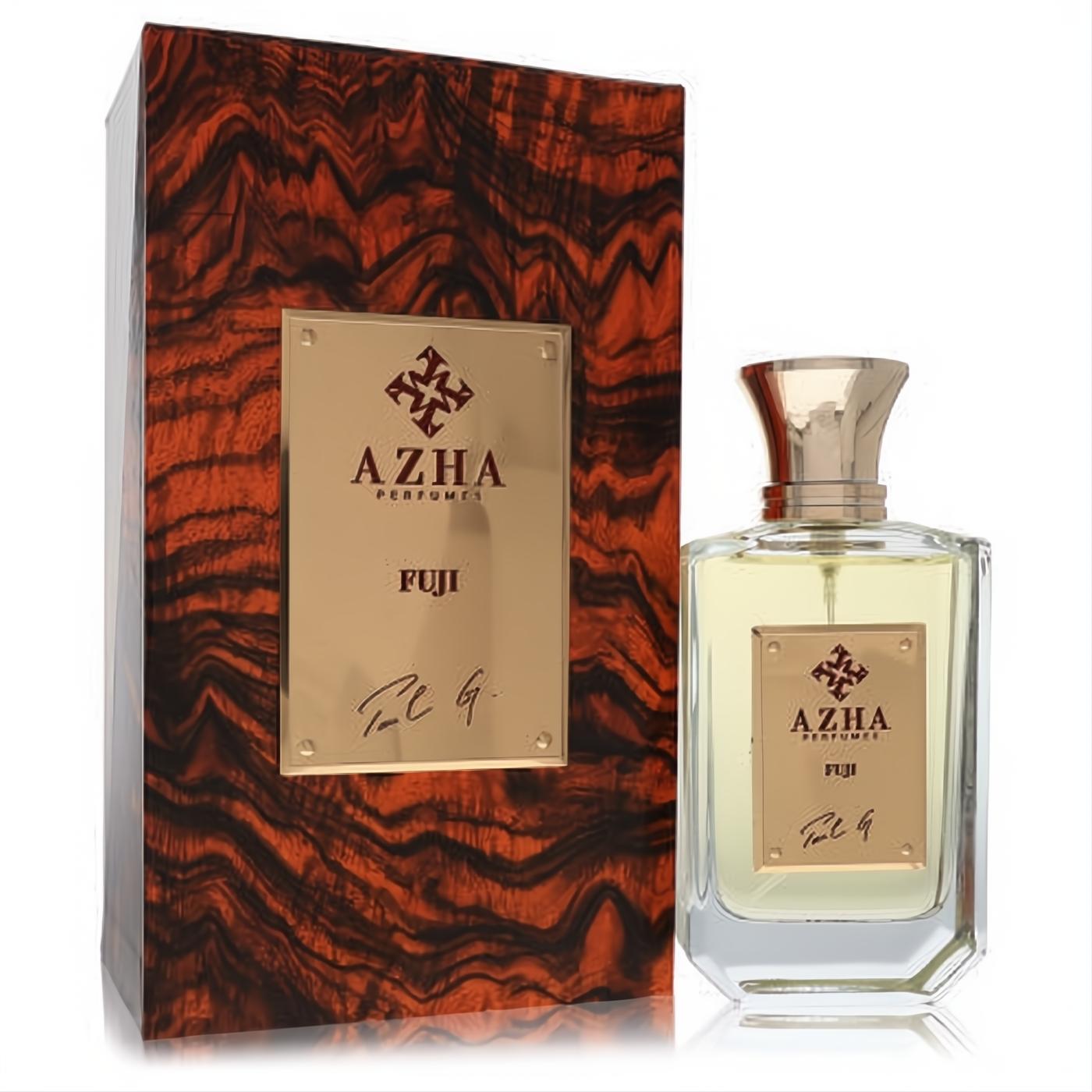 Luxurious Azha Fuji 3.3 oz women's EDP: clear glass bottle with gold label & cap, light yellow liquid, beside its rich wood-grain box.