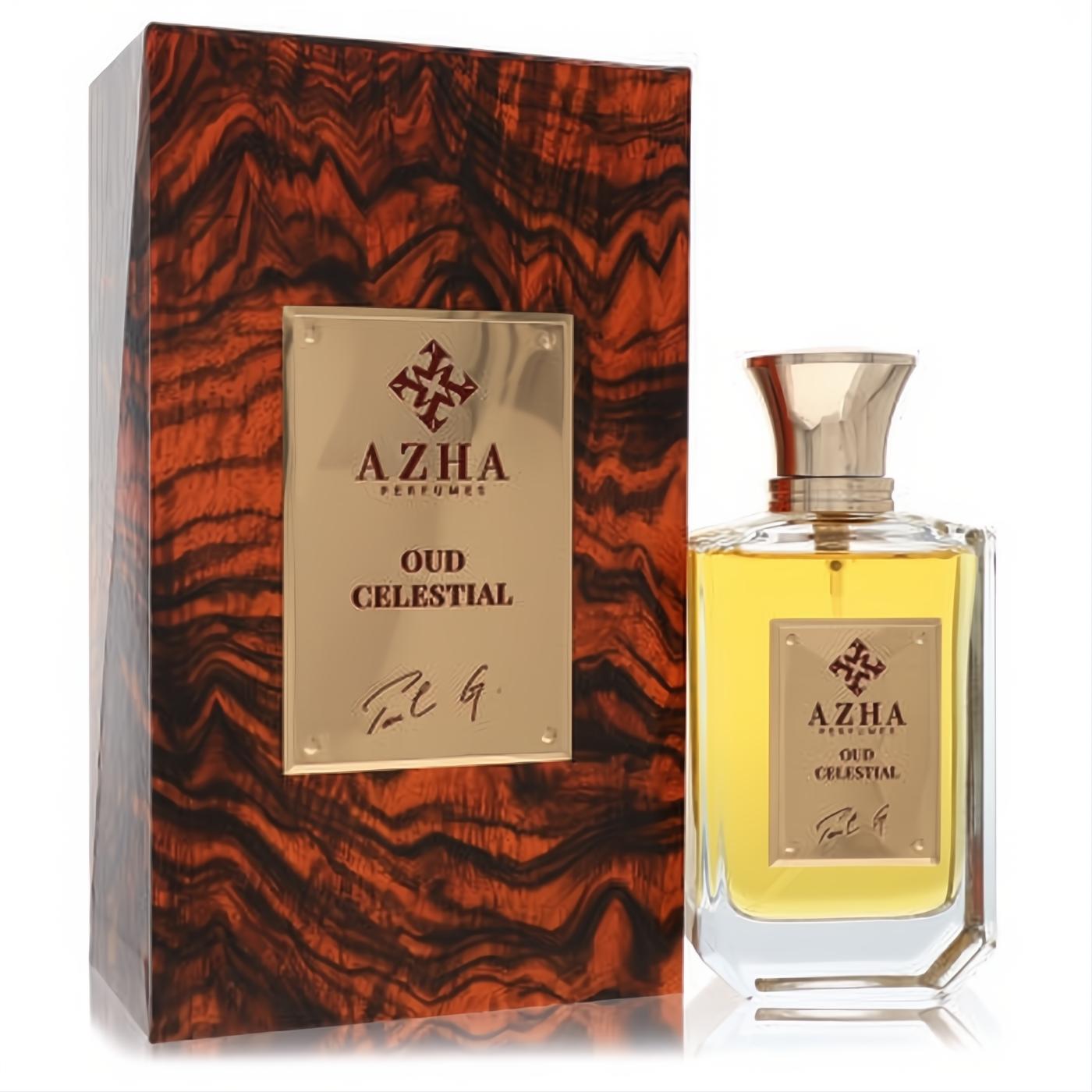Experience Azha Oud Celestial 3.3 oz EDP. Elegant glass bottle with golden liquid, ornate cap, and luxurious wood-grain box.