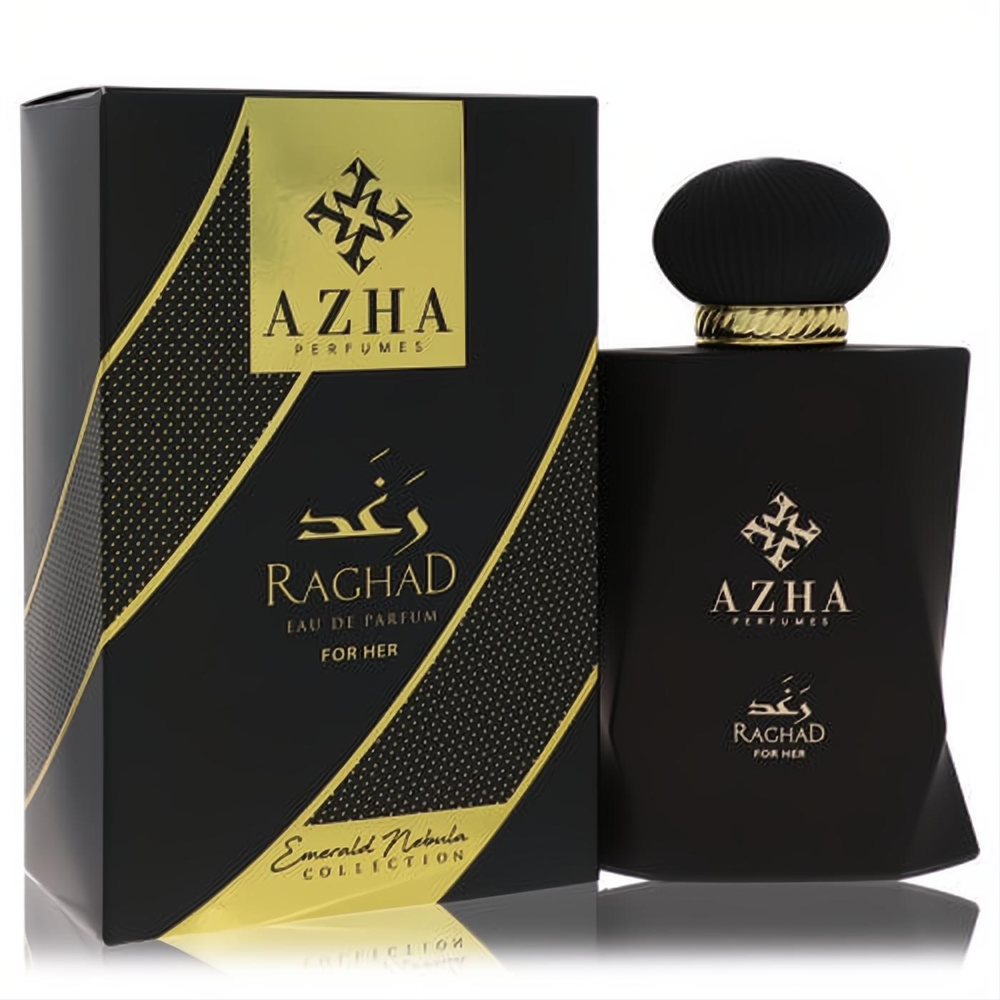Azha Raghad Eau De Parfum for women. Elegant matte black bottle with gold accents and a distinctive textured cap.