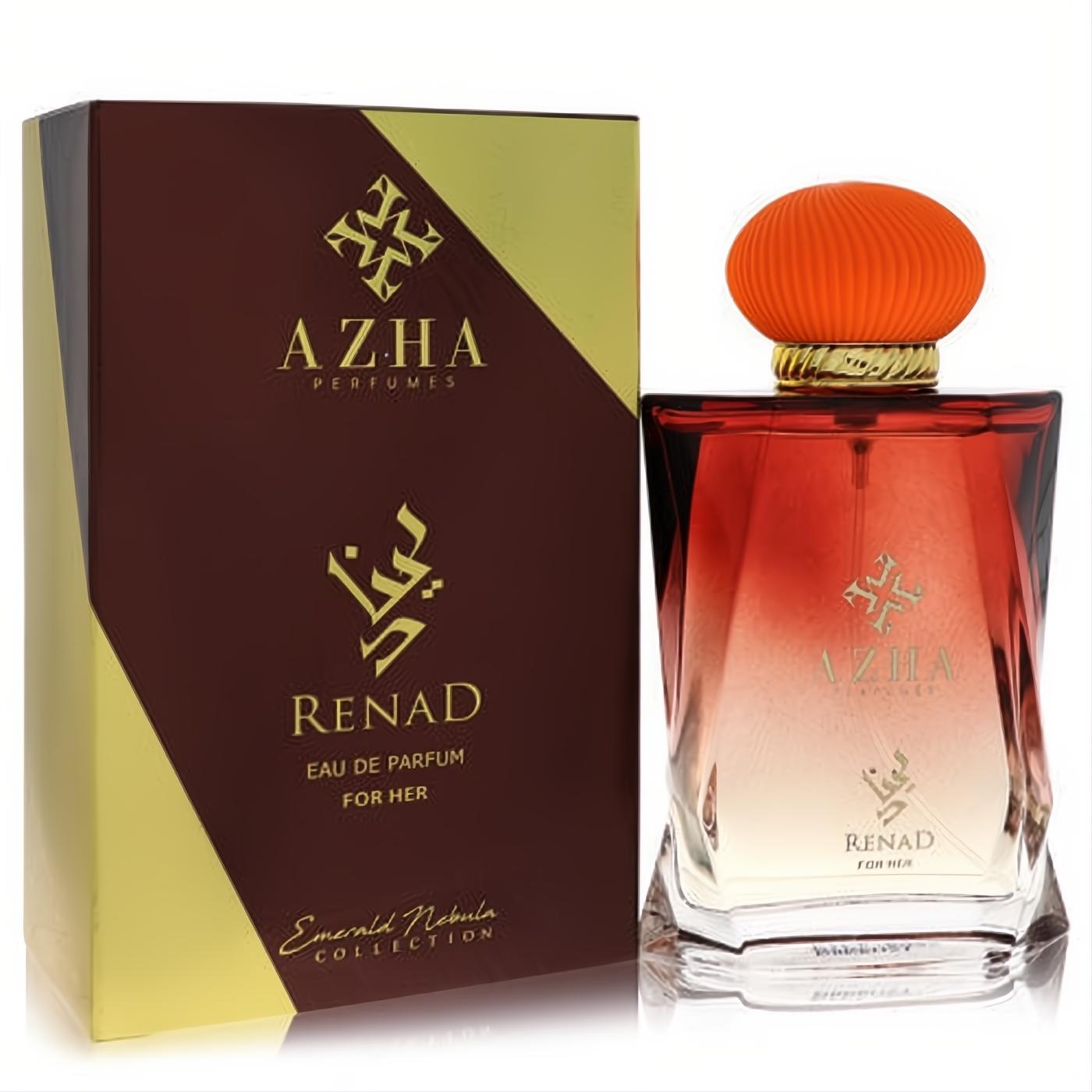 Luxurious Azha Renad 3.3 oz women's perfume. Faceted red ombre bottle with vibrant orange cap, next to its elegant maroon and gold box.