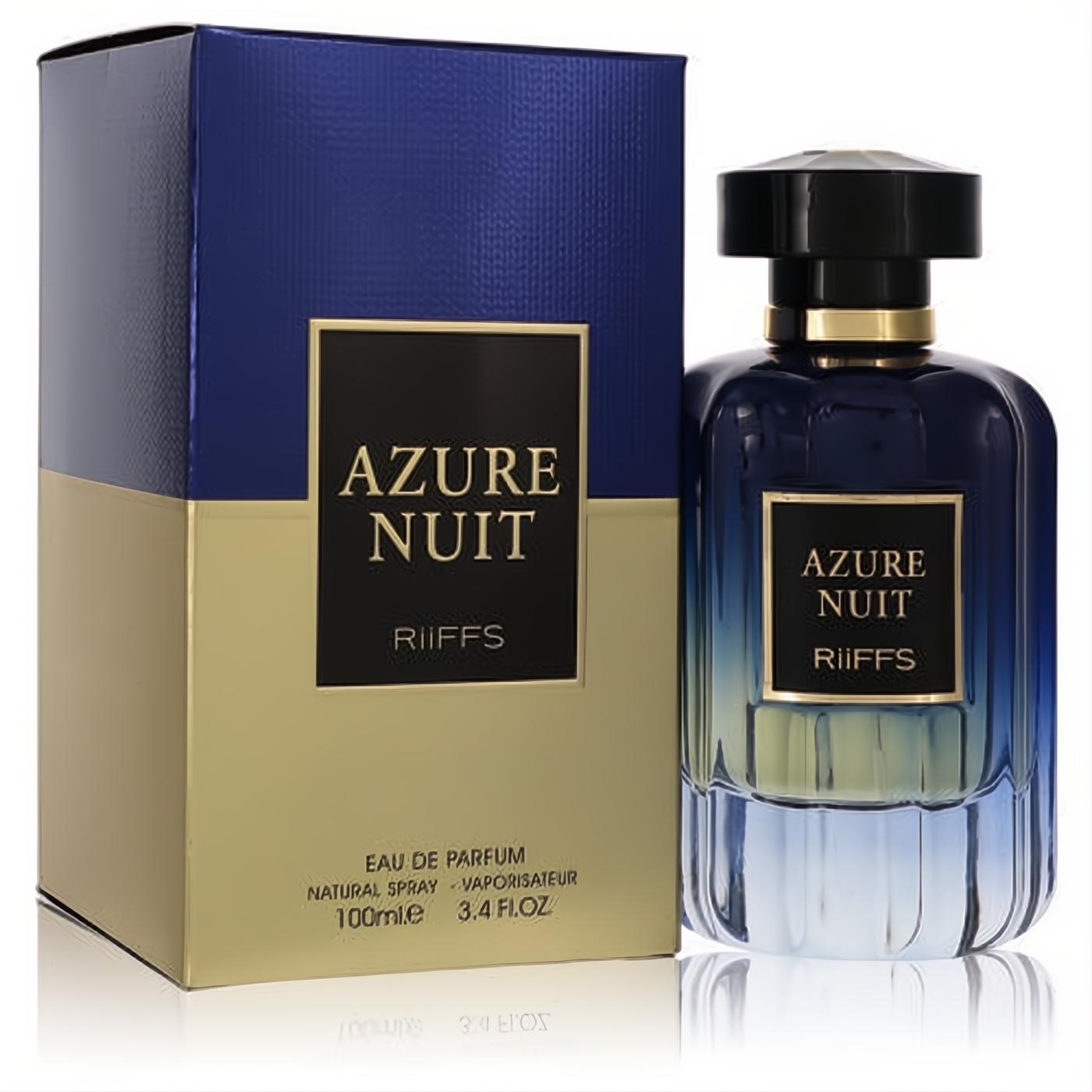 Riiffs Azure Nuit 3.4 oz Eau De Parfum. Elegant blue gradient glass bottle with black cap, displayed with its matching blue and gold box.
