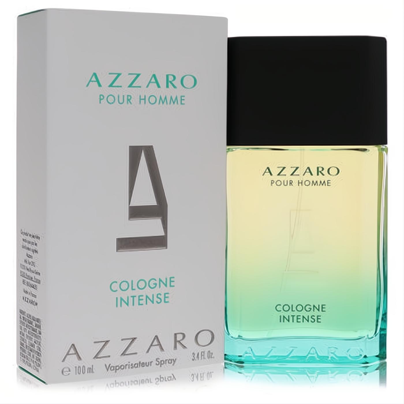 Azzaro Cologne Intense 3.4 oz men's EDT spray. Sleek bottle with vibrant yellow-green liquid, next to its elegant white box.