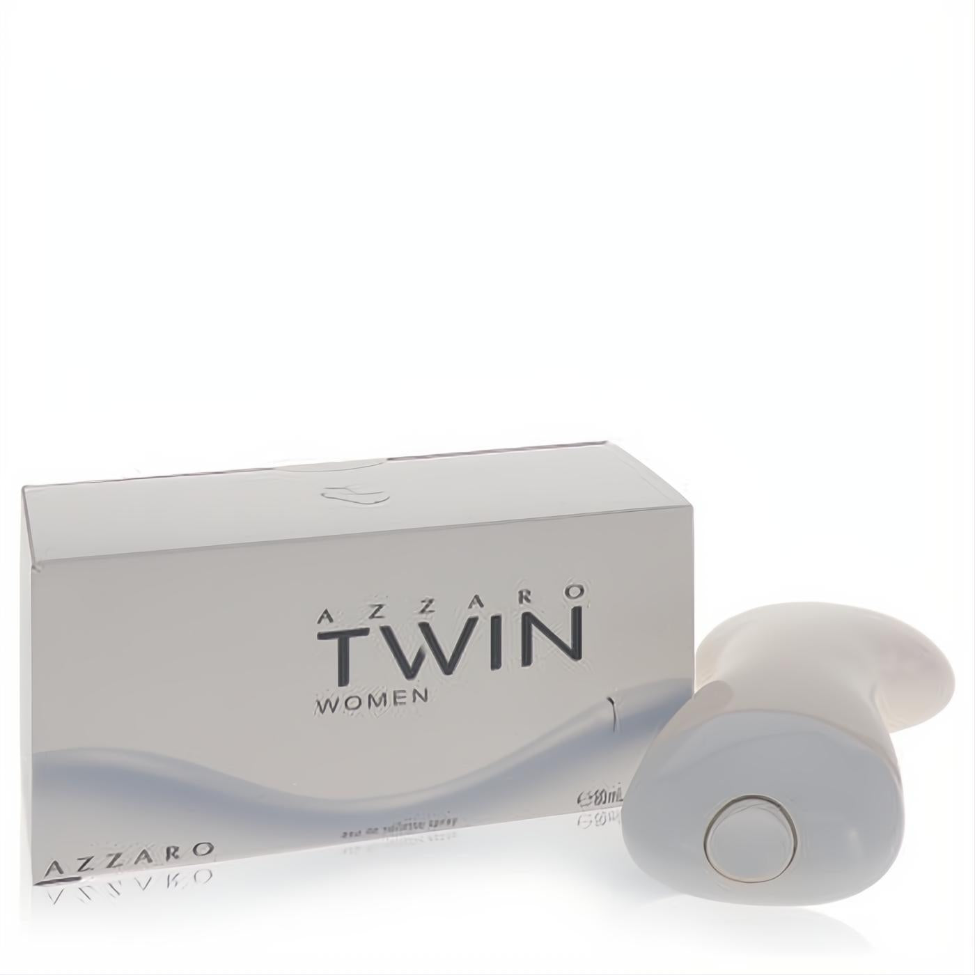 Azzaro Twin Women 2.7 oz Eau De Toilette. Elegant white box and sleek, modern white spray bottle for a captivating fragrance.