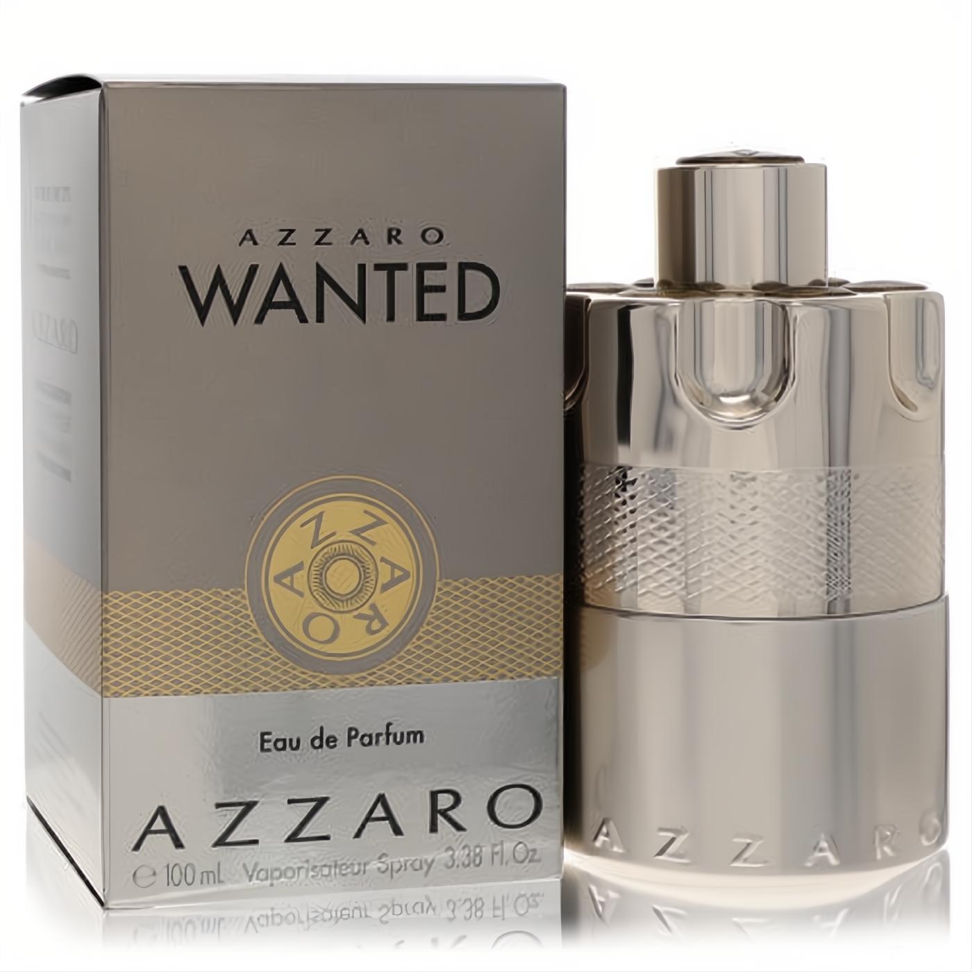 Azzaro Wanted men's 3.4 oz Eau de Parfum, presented in a bold silver gun cylinder bottle with a sleek matching box.