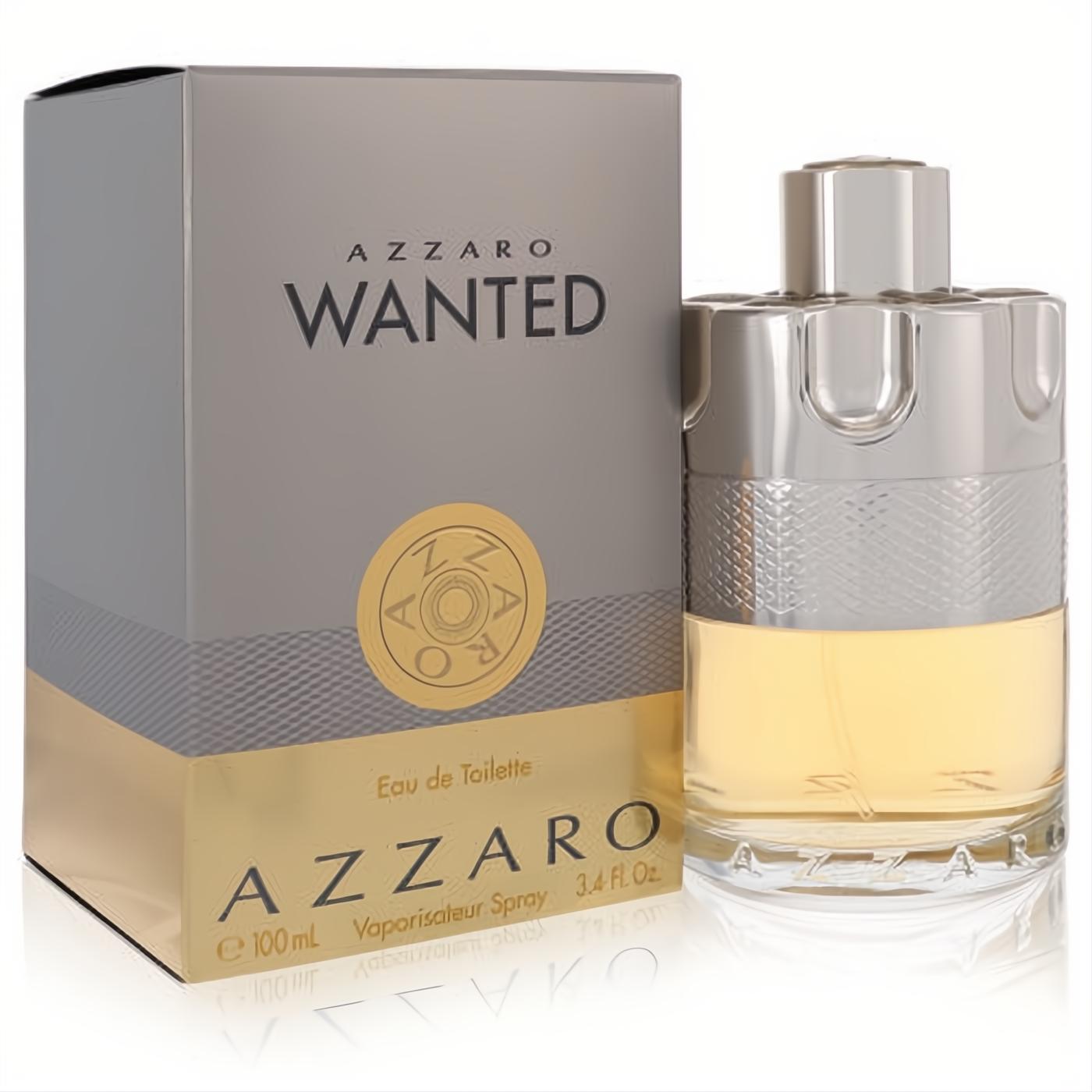 Azzaro Wanted 3.4 oz men's Eau de Toilette. Amber liquid in a distinctive silver gun cylinder bottle, with a bold grey & gold box.