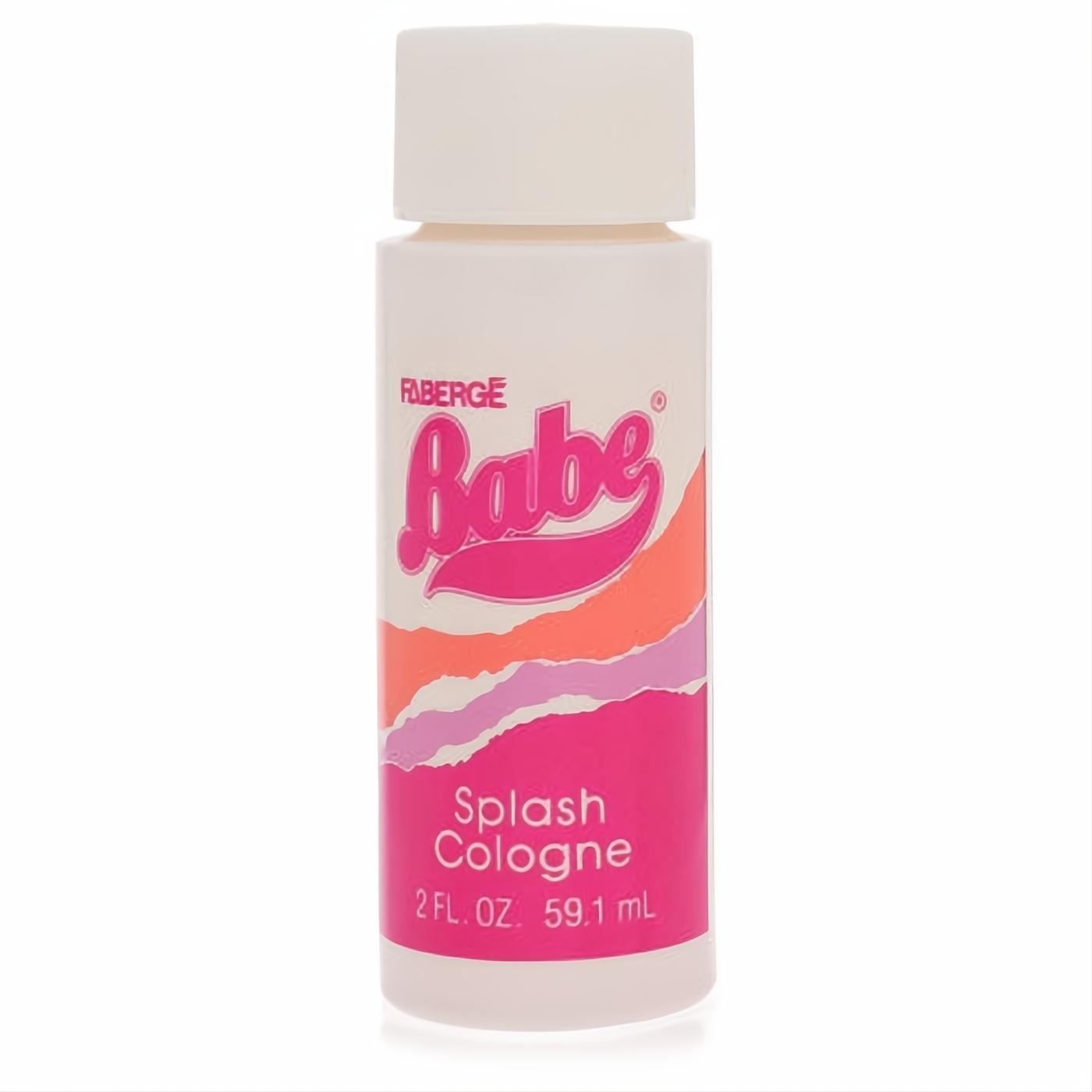 Faberge Babe 2 oz Splash Cologne: a classic white plastic bottle with vibrant pink script logo and colorful wavy design.
