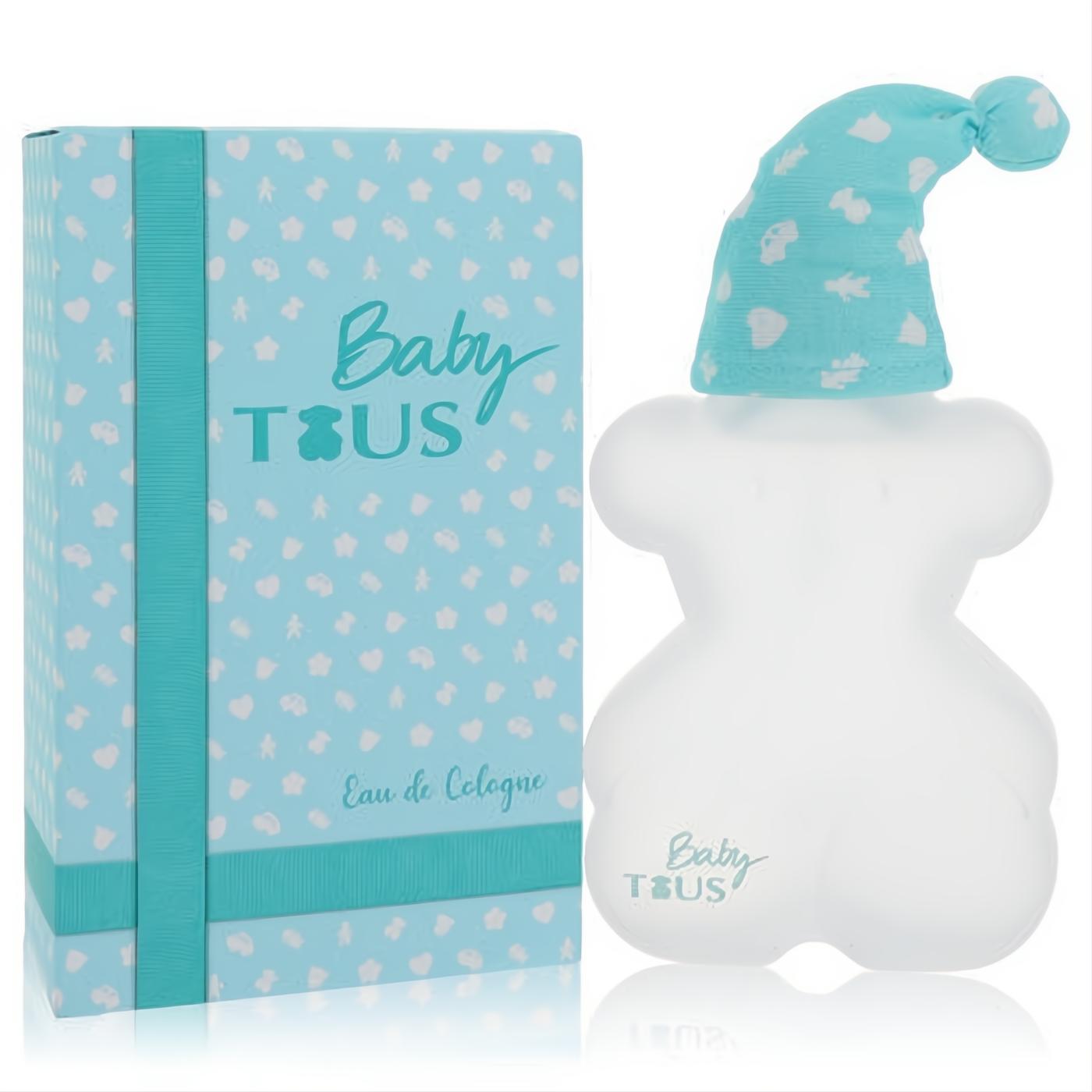Charming Baby Tous 3.4 oz Eau de Cologne spray: frosted bear bottle with blue sleep cap, beside its delightful blue gift box.