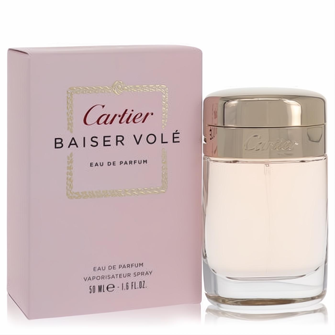 Experience Cartier Baiser Vole Eau de Parfum 1.6 fl.oz.: elegant pink box, clear glass bottle, luxurious gold cap. Iconic women's fragrance.