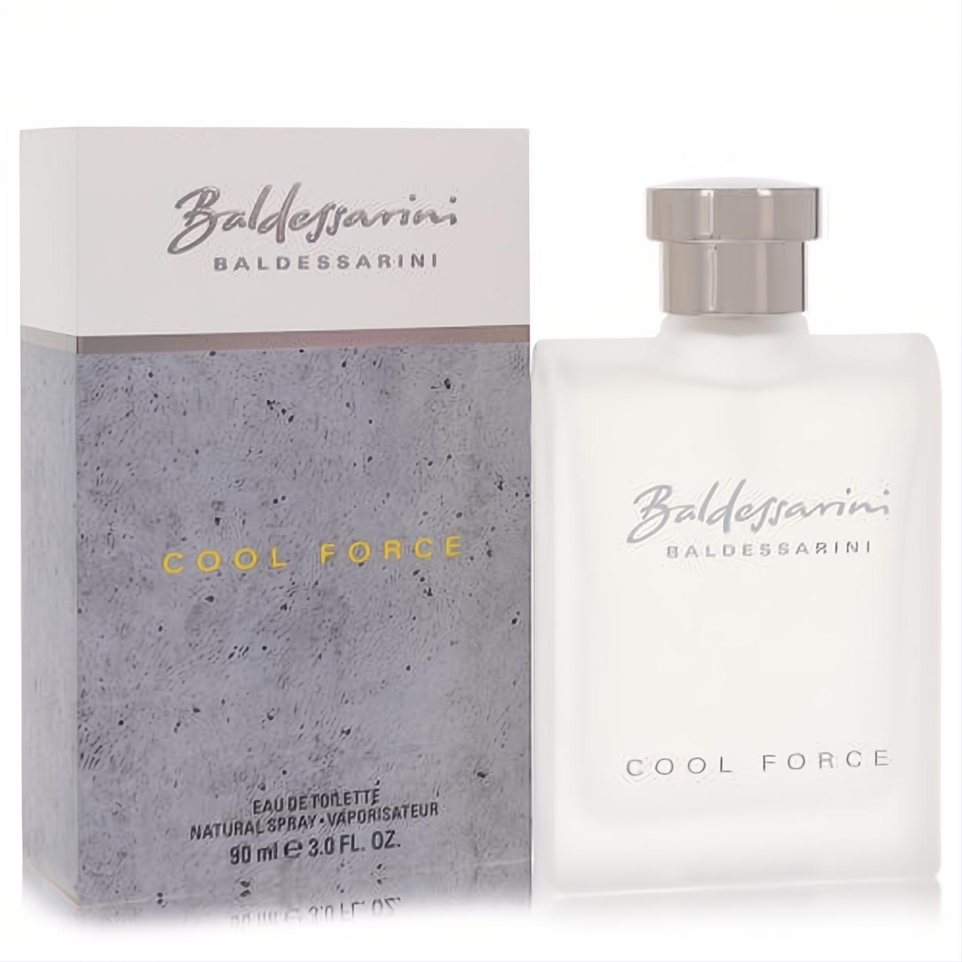 Baldessarini Cool Force 3 oz men's EDT. Frosted white bottle, silver cap, and modern grey textured box with yellow accents.