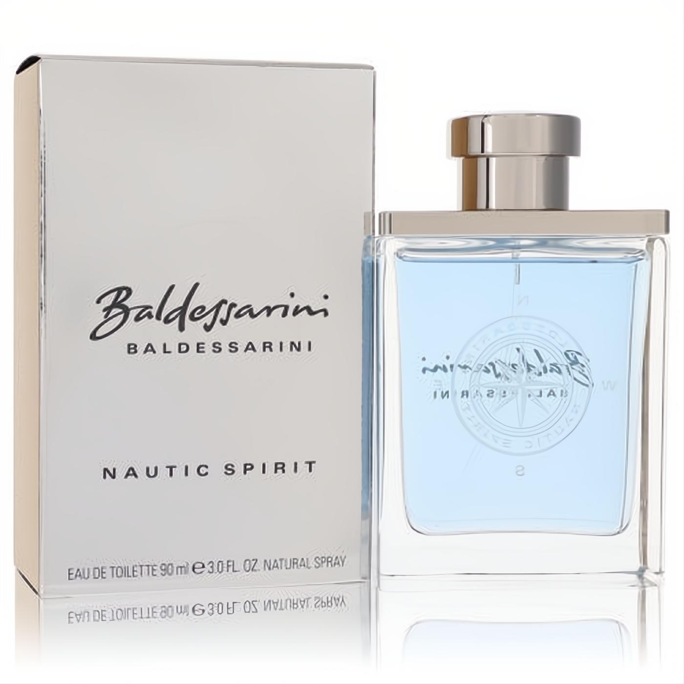 Baldessarini Nautic Spirit 3 oz men's EDT. Clear glass bottle with refreshing blue liquid, silver cap, and subtle compass design.