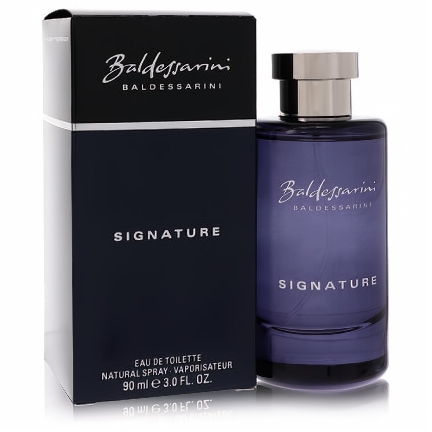 Baldessarini Signature 3 oz EDT. Sleek dark purple glass bottle with a silver cap, presented beside its elegant matching box.