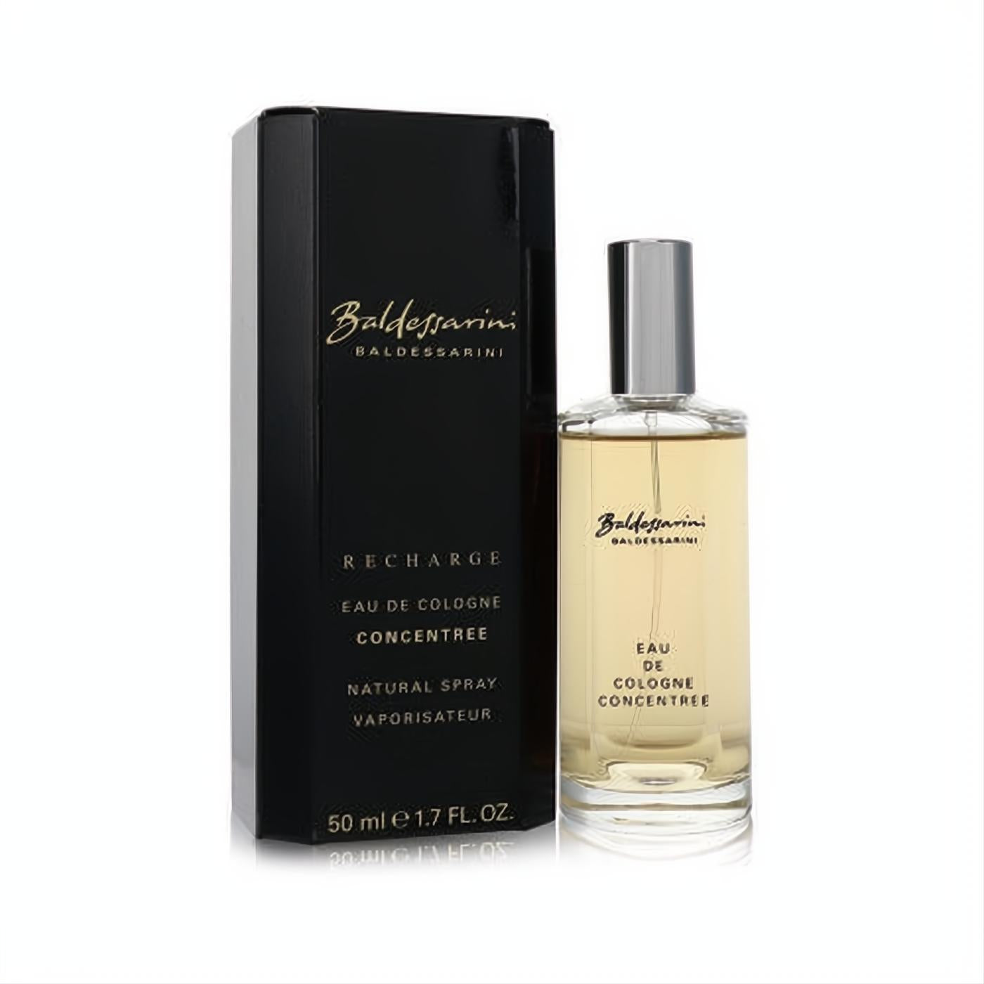 Baldessarini Recharge 1.7 oz cologne spray. Luxurious clear glass bottle with silver cap, amber liquid, and elegant black & gold box.