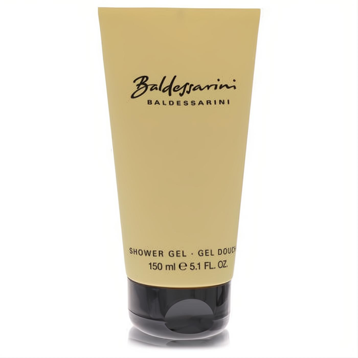 Sleek Baldessarini 5.1 oz men's shower gel in a matte gold tube with a black flip cap for a luxurious experience.