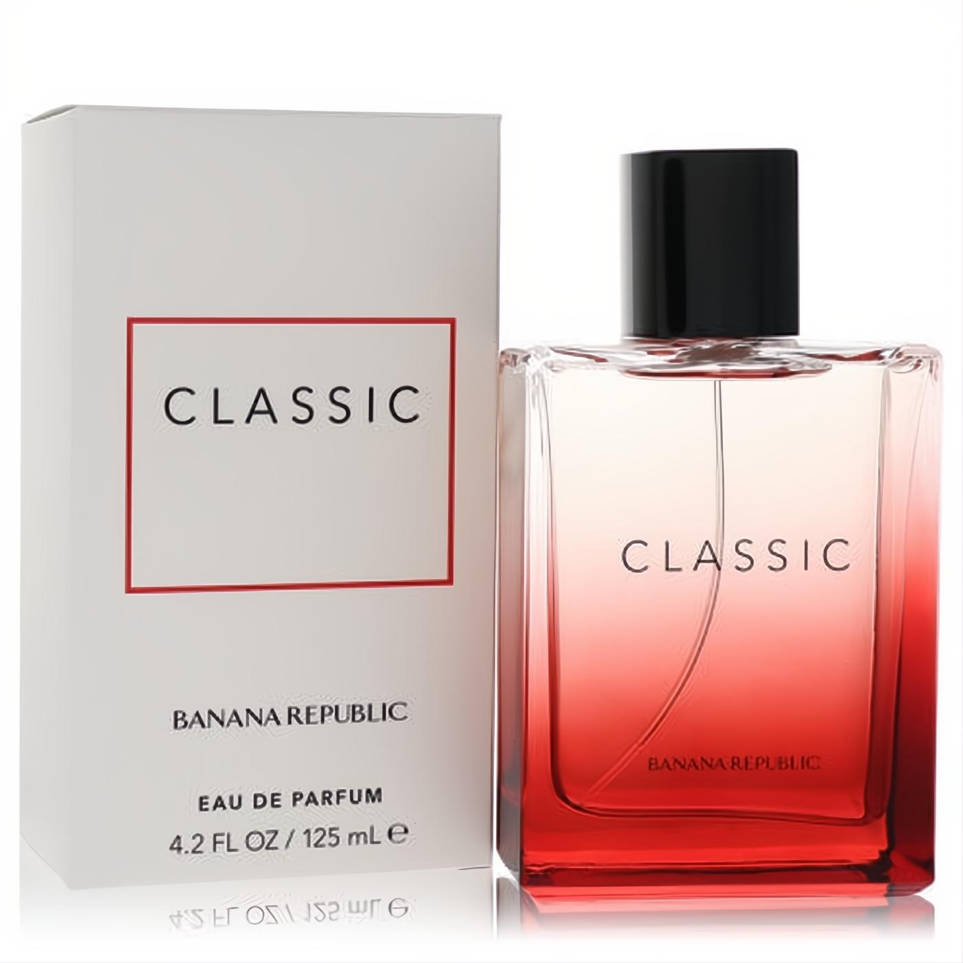 Banana Republic Classic Red 4.2 oz unisex eau de parfum. Modern glass bottle with a striking red gradient, beside its crisp white box.