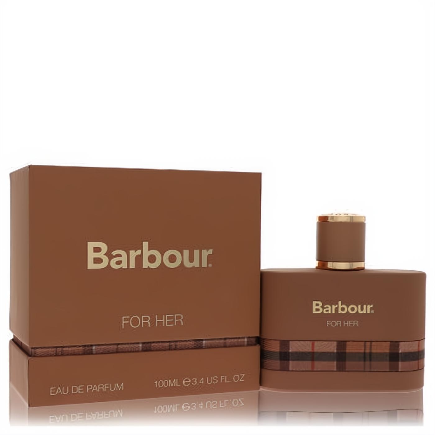 Barbour Origins Eau De Parfum 3.4 oz for her. Elegant matte brown bottle, iconic plaid band, and gold cap.