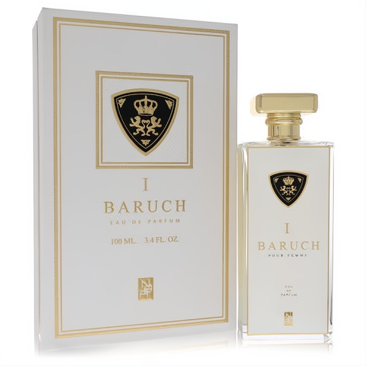 Elegant Baruch I women's Eau De Parfum, 3.4 oz. White glass bottle with gold cap and black/gold crest, displayed with its matching box.