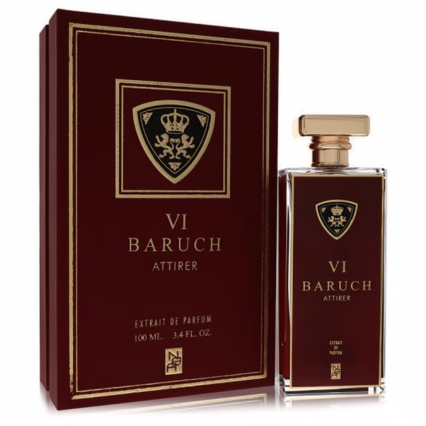Elegant Baruch VI Attirer Extrait De Parfum 3.4 oz. Luxurious maroon and gold glass bottle with crest, matching gift box.