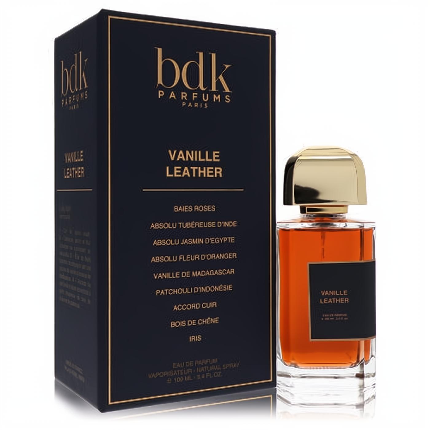 Luxurious Bdk Vanille Leather 3.4 oz unisex Eau De Parfum spray, featuring an amber bottle with a gold cap and elegant dark box.