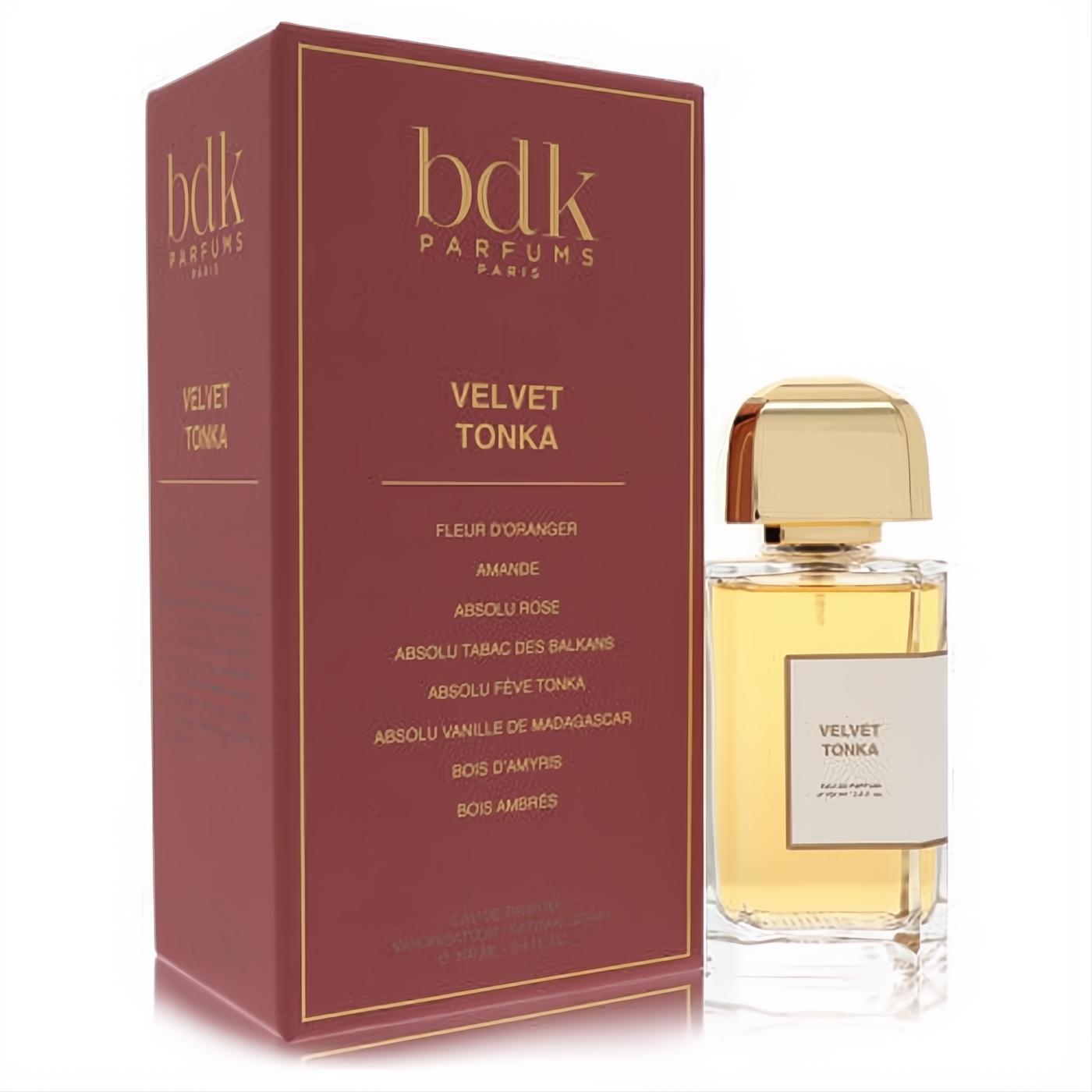 Sophisticated Bdk Velvet Tonka 3.4 oz unisex EDP in clear bottle with gold cap, beside its elegant burgundy box.