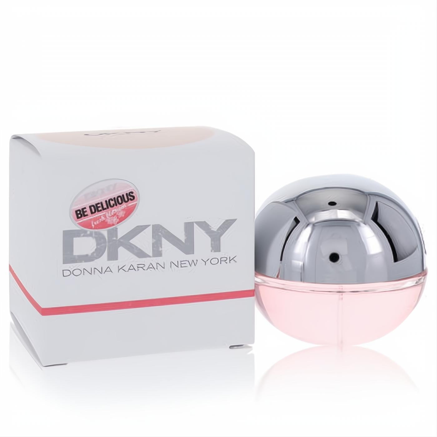 Donna Karan Be Delicious Fresh Blossom 1 oz women's EDP. Features a modern pink and chrome spherical bottle and white box.