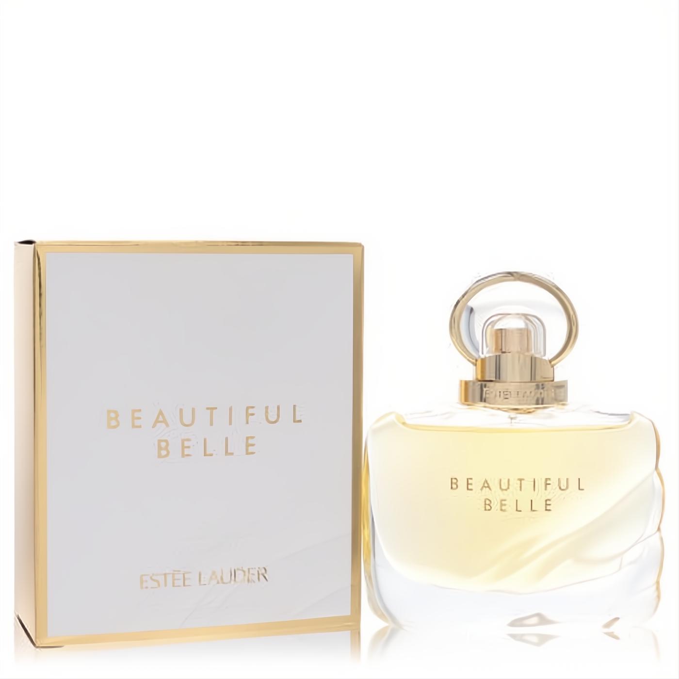 Luxurious Estee Lauder Beautiful Belle perfume: clear glass bottle with unique gold loop cap and matching white & gold box.