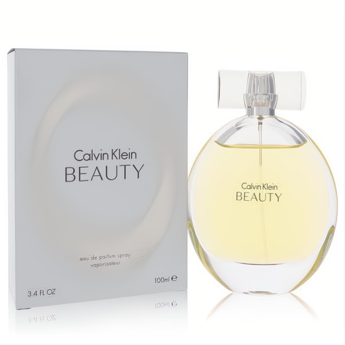 Calvin Klein Beauty Eau De Parfum 3.4 oz spray. Elegant clear glass bottle with golden liquid and sleek branded white box.