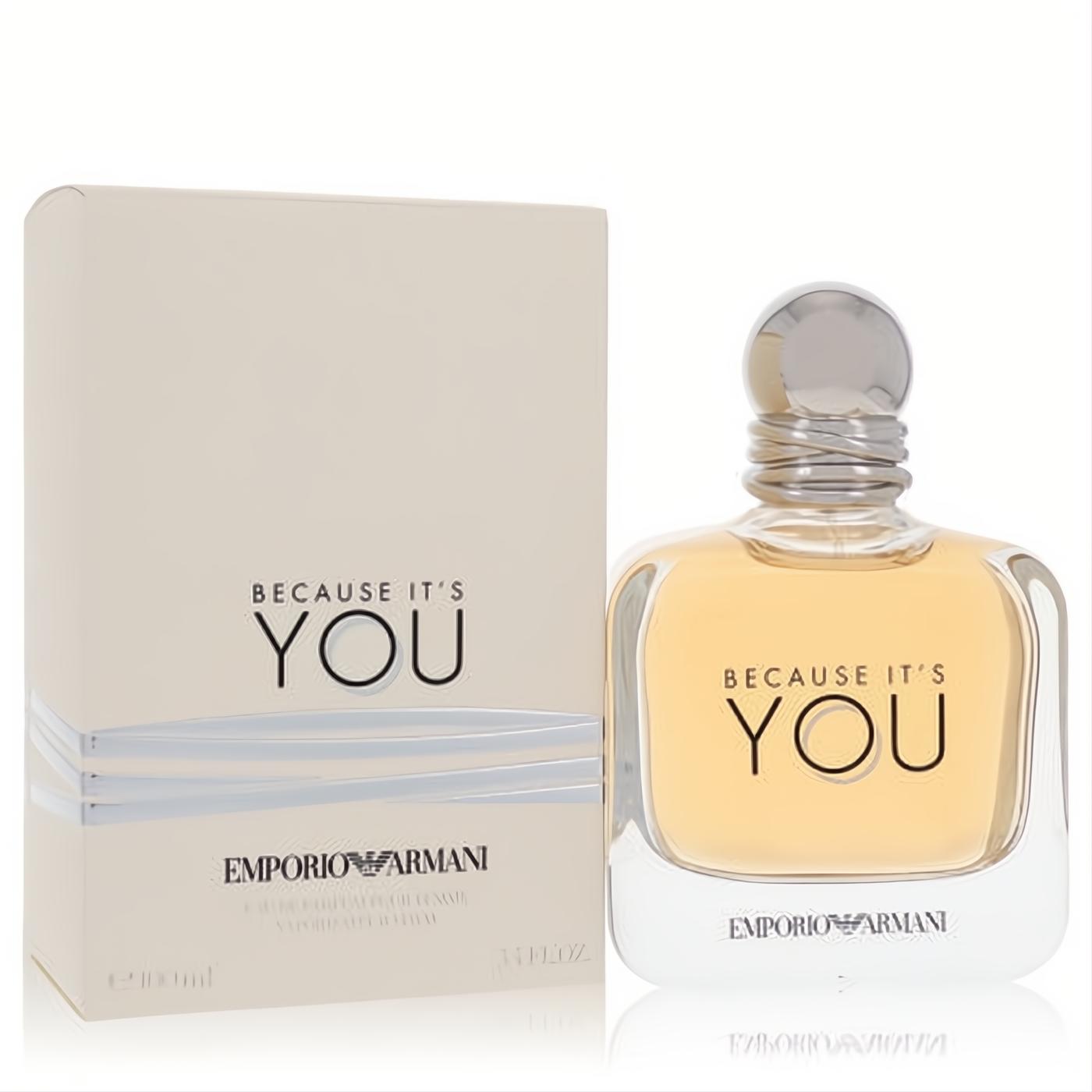 Emporio Armani Because It's You 3.4 oz EDP. Sophisticated clear glass bottle with golden fragrance, unique silver cap, and elegant beige box.
