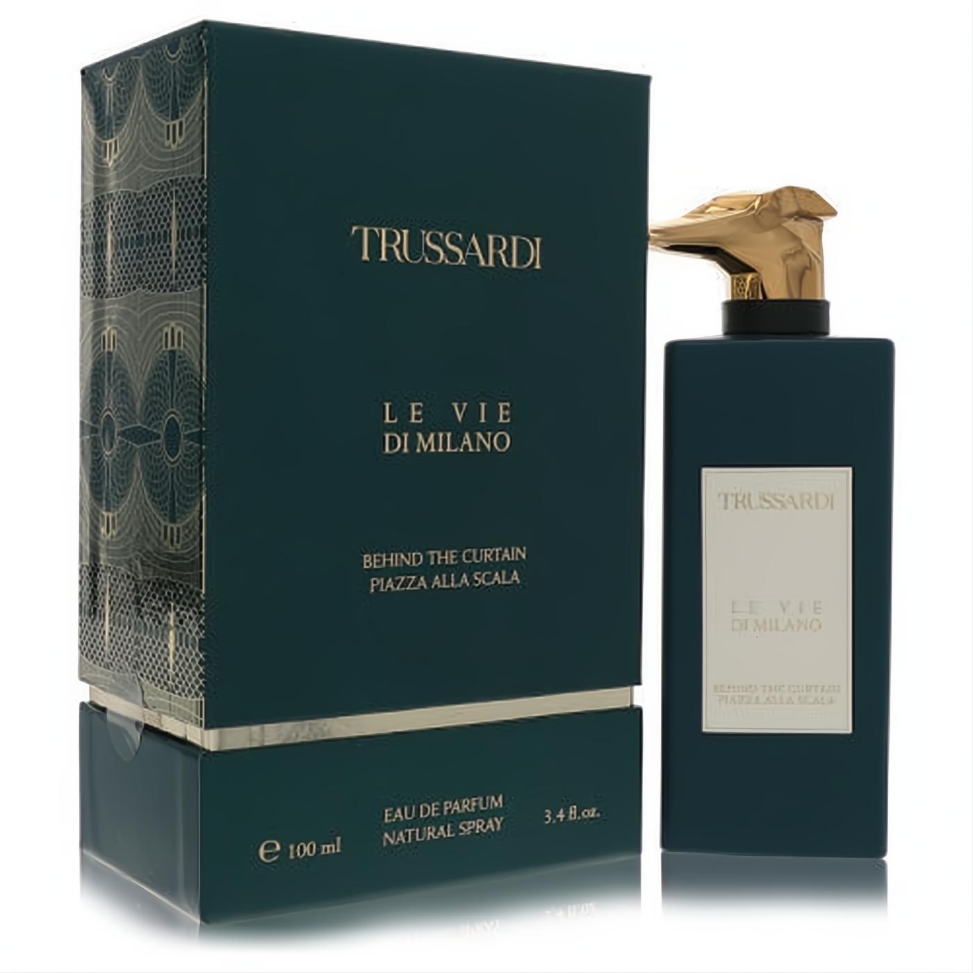 Luxurious Trussardi Behind The Curtain Piazza Alla Scala 3.4 oz EDP. Dark teal bottle with gold bird cap and ornate box.