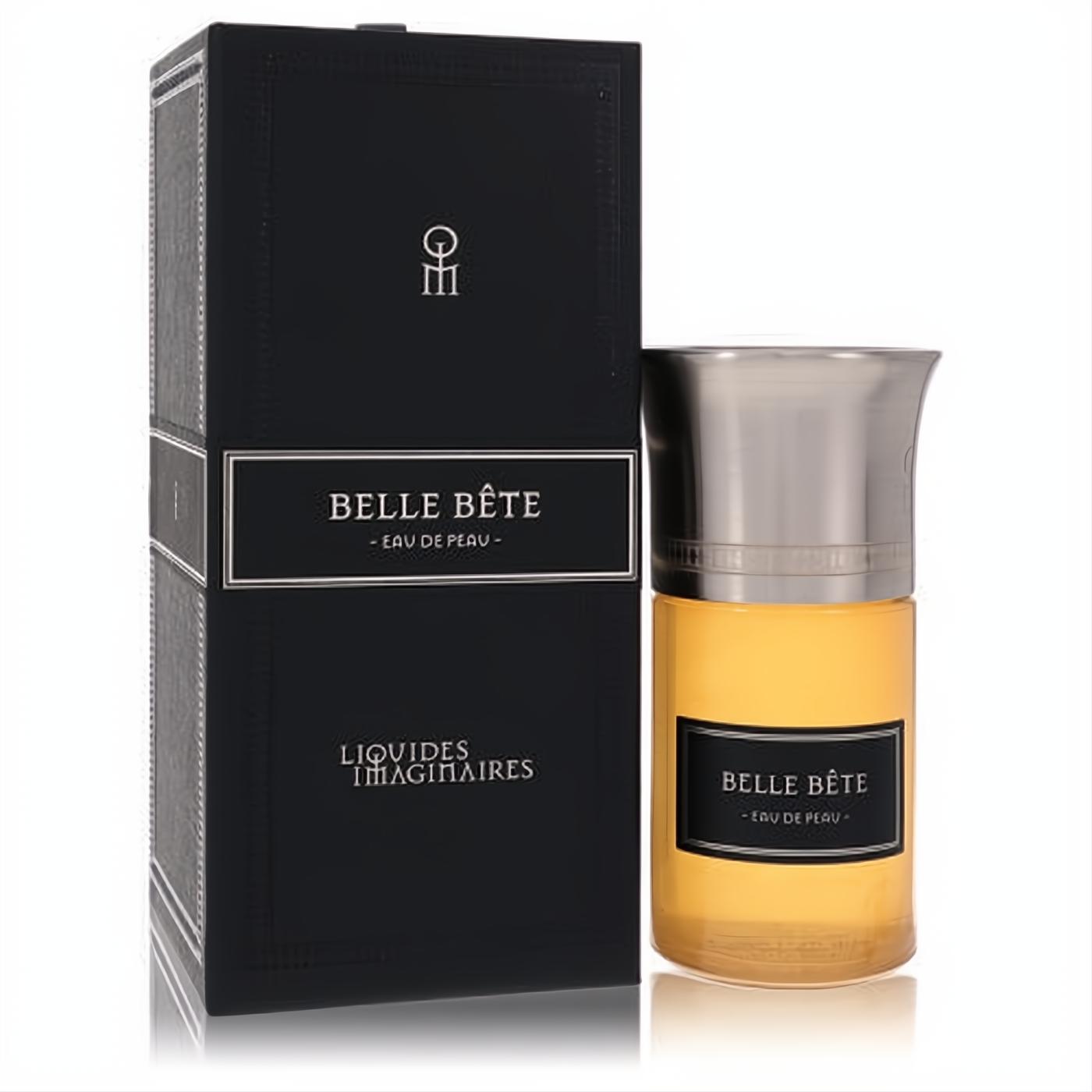Belle Bete Eau De Parfum by Liquides Imaginaires. Golden fragrance in a clear bottle with a striking silver cap and sophisticated black box.