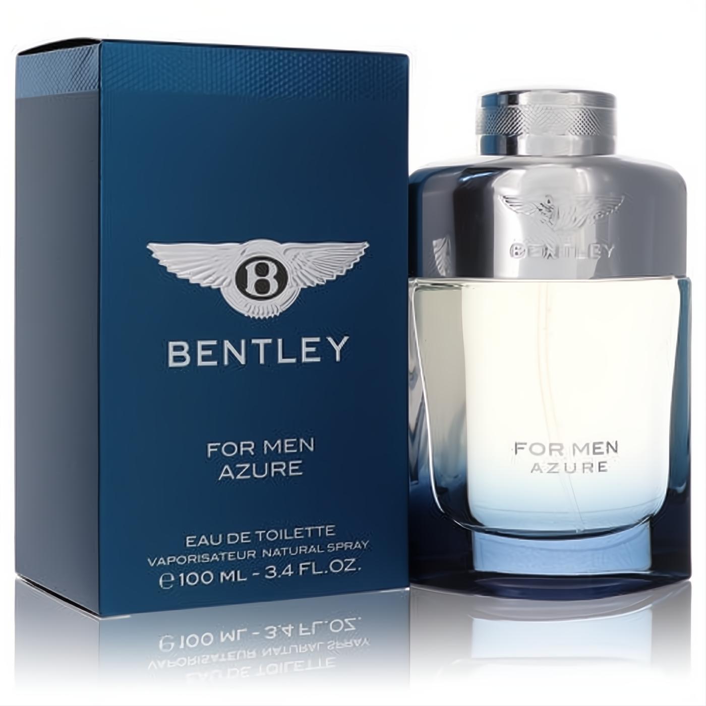 Bentley Azure 3.4 oz men's EDT. Premium deep blue box, sleek glass bottle with light blue liquid & silver cap.