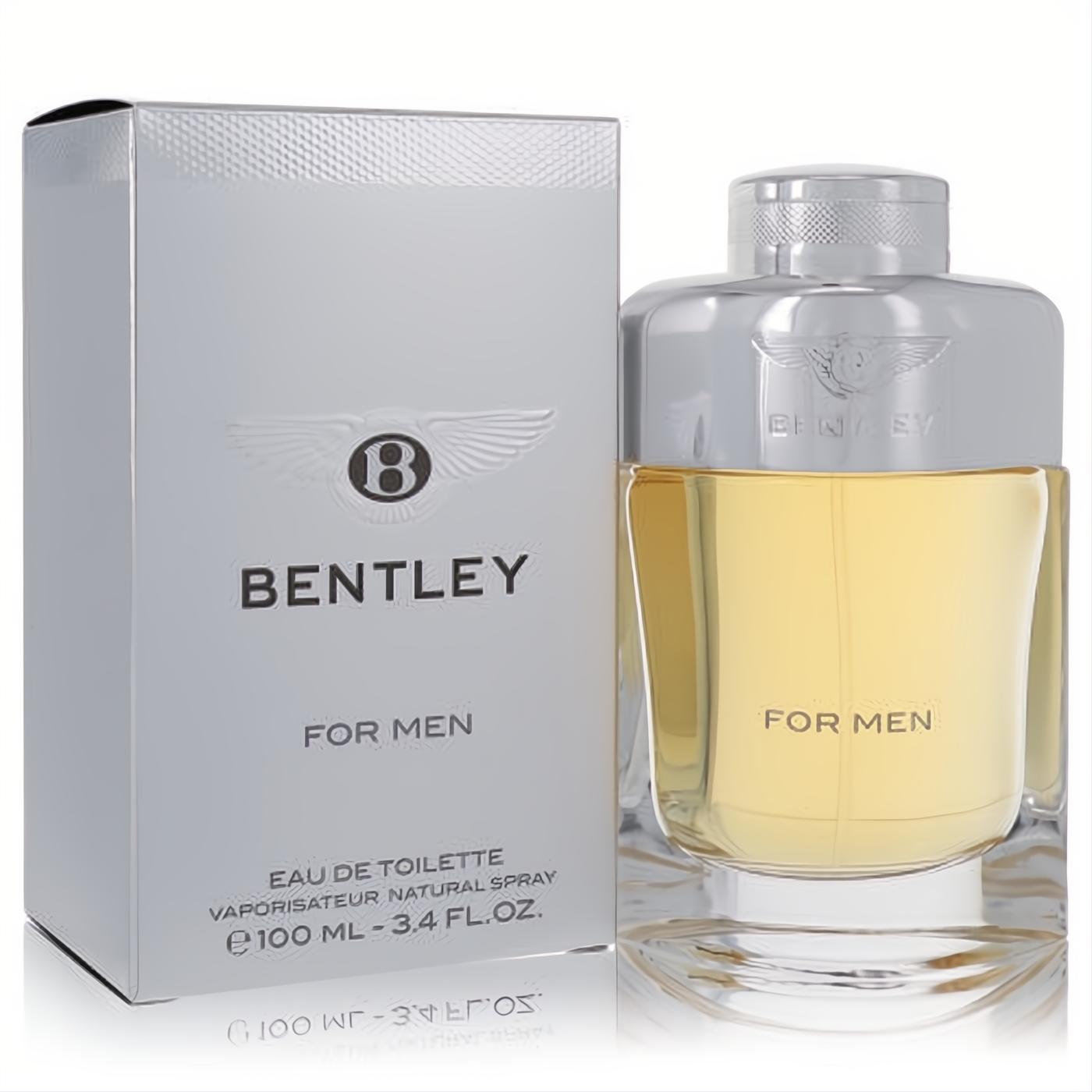 Bentley For Men 3.4 oz EDT. Golden fragrance in a sophisticated clear glass bottle with a metallic silver cap, beside its elegant silver box.