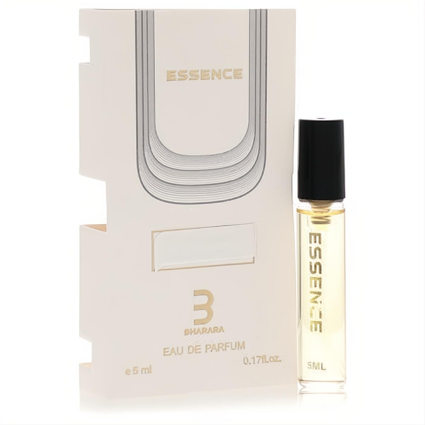 Bharara Essence 0.17oz unisex perfume sample: clear vial with black cap, paired with a modern cream box featuring silver accents.