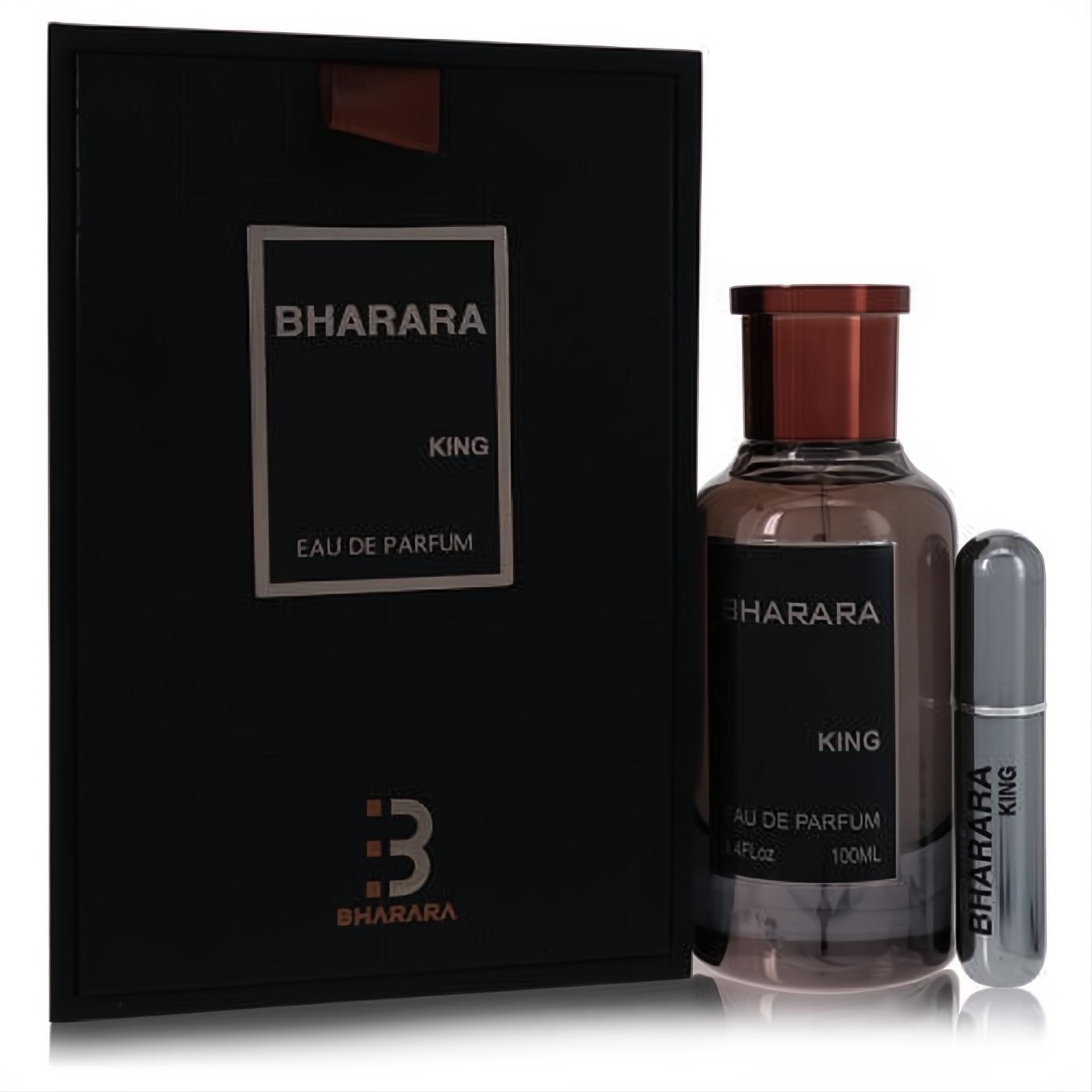 Bharara King 3.4 oz Eau De Parfum set for men: rich amber bottle, black box, and sleek silver refillable travel spray.