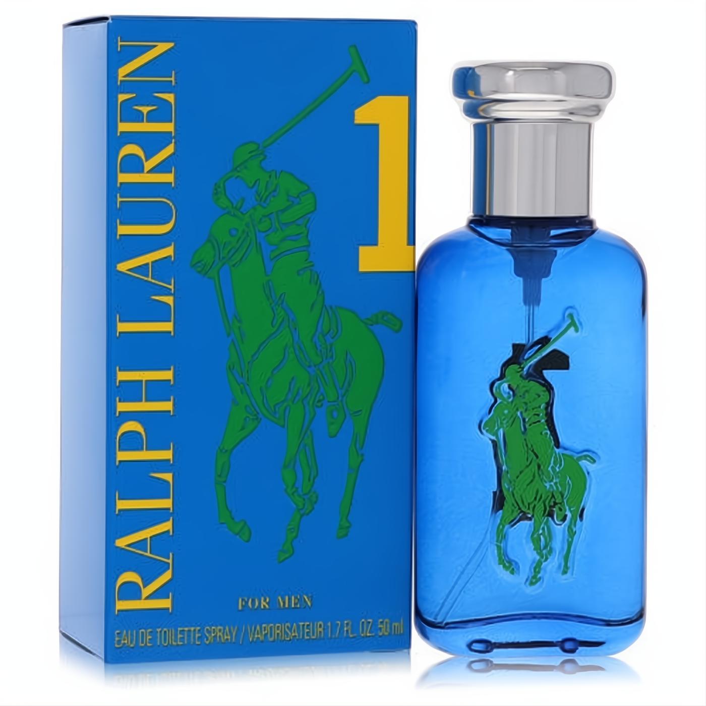 Iconic Ralph Lauren Big Pony Blue 1.7 oz EDT for men. Vibrant blue bottle, sleek silver cap, bold green polo logo.