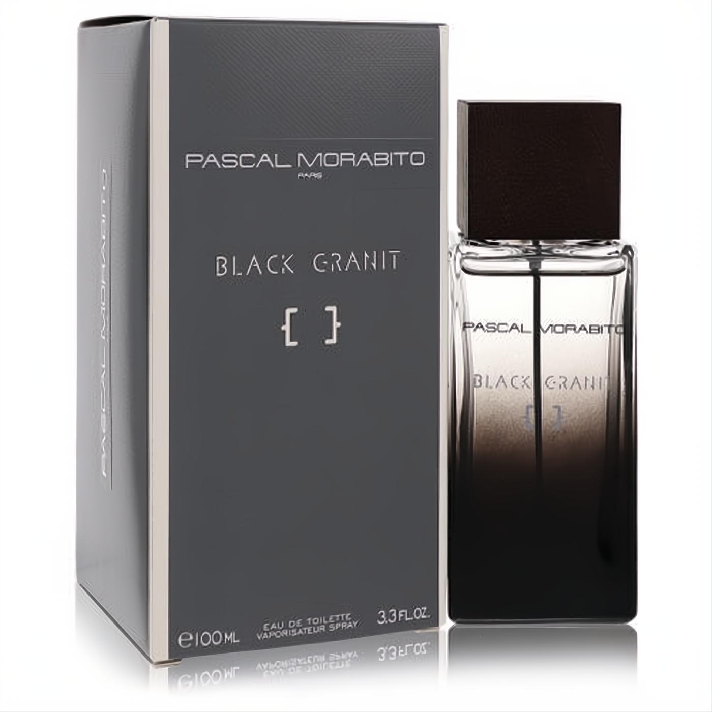 Masculine Black Granit by Pascal Morabito 3.3 oz EDT spray. Features a sleek clear-to-black glass bottle and elegant dark grey box.