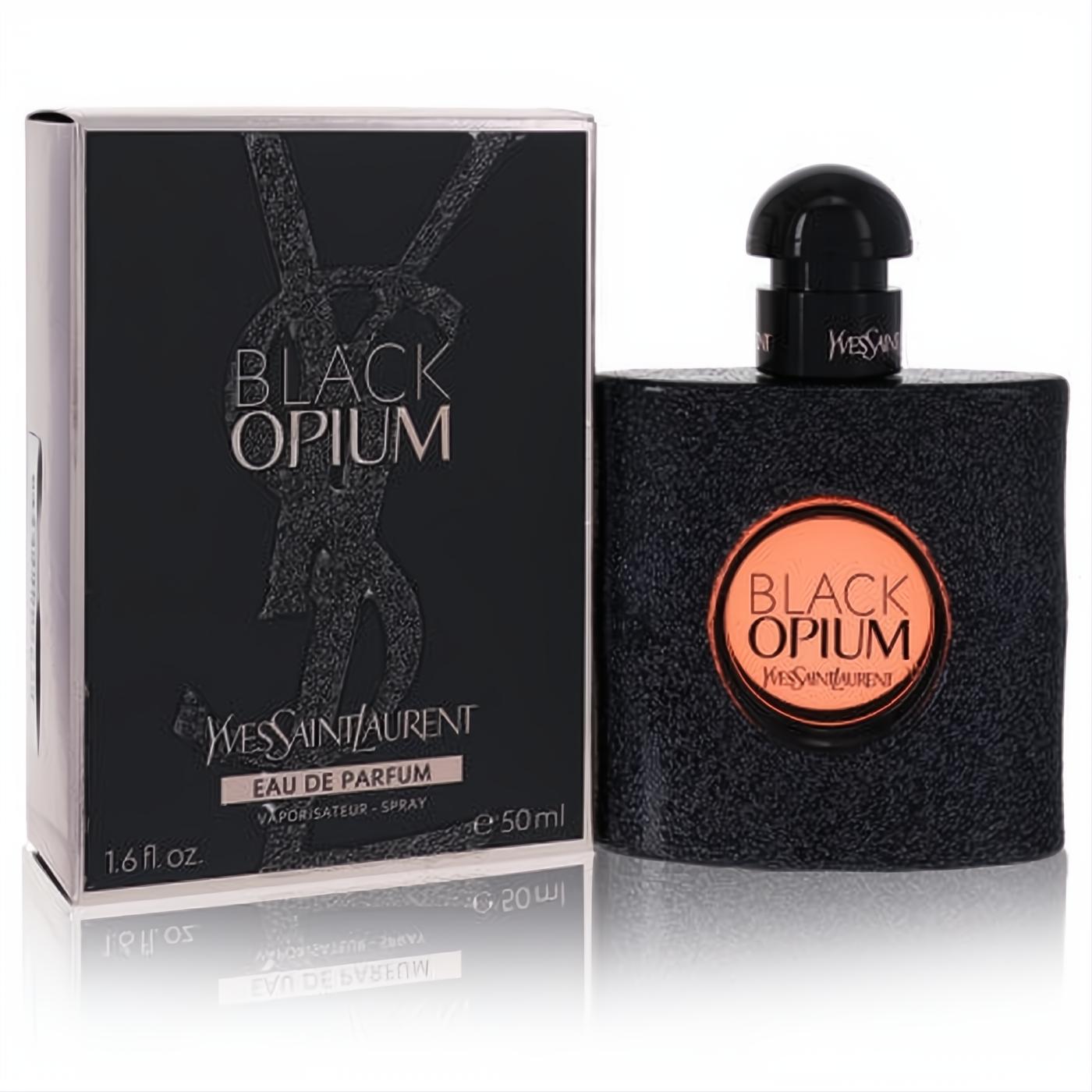 Luxurious Black Opium Yves Saint Laurent Eau De Parfum 1.6 oz spray. Textured black bottle with a captivating orange label and matching box.