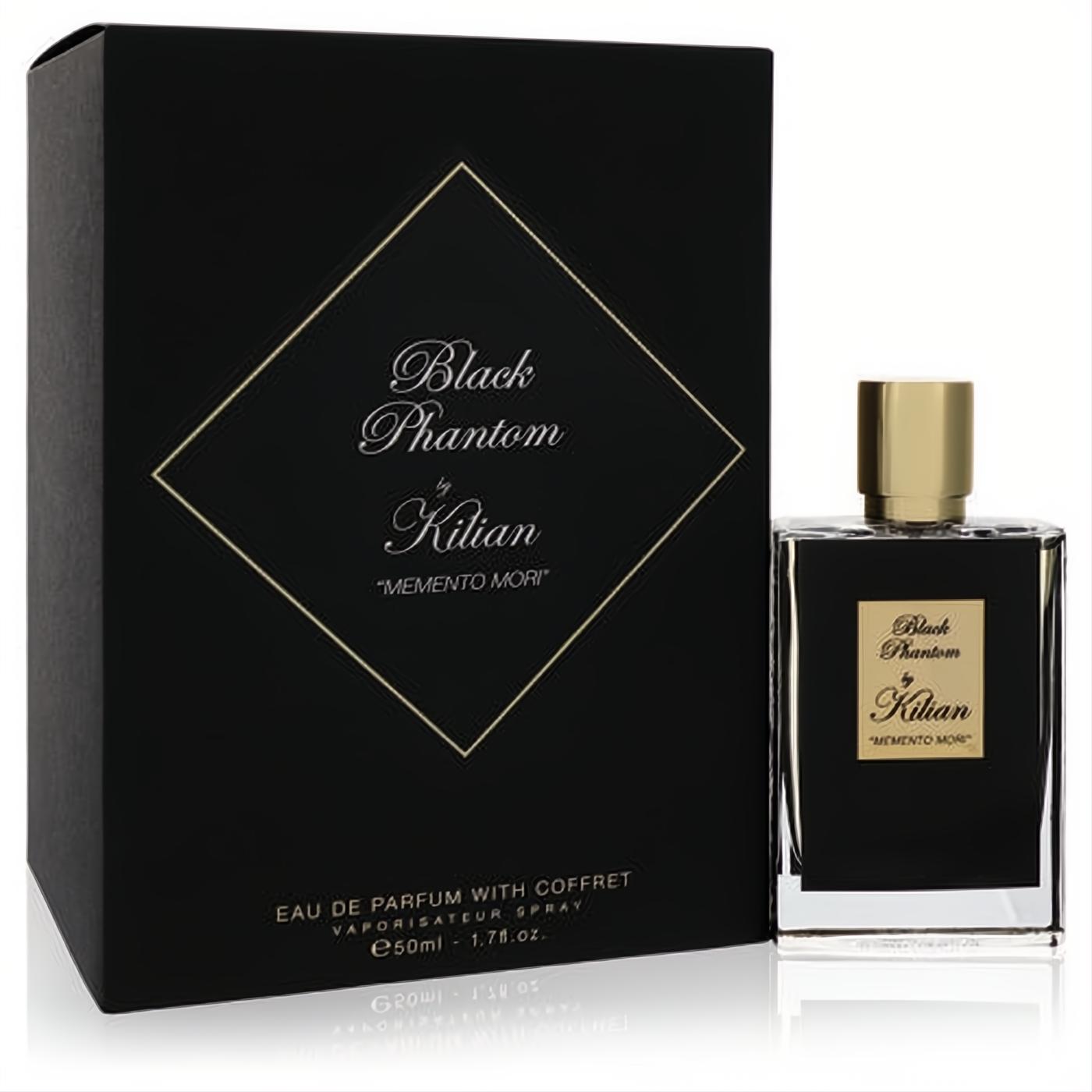 Indulge in Kilian Black Phantom Memento Mori 1.7 oz EDP. Clear glass bottle with gold cap and luxurious black coffret with gold accents.