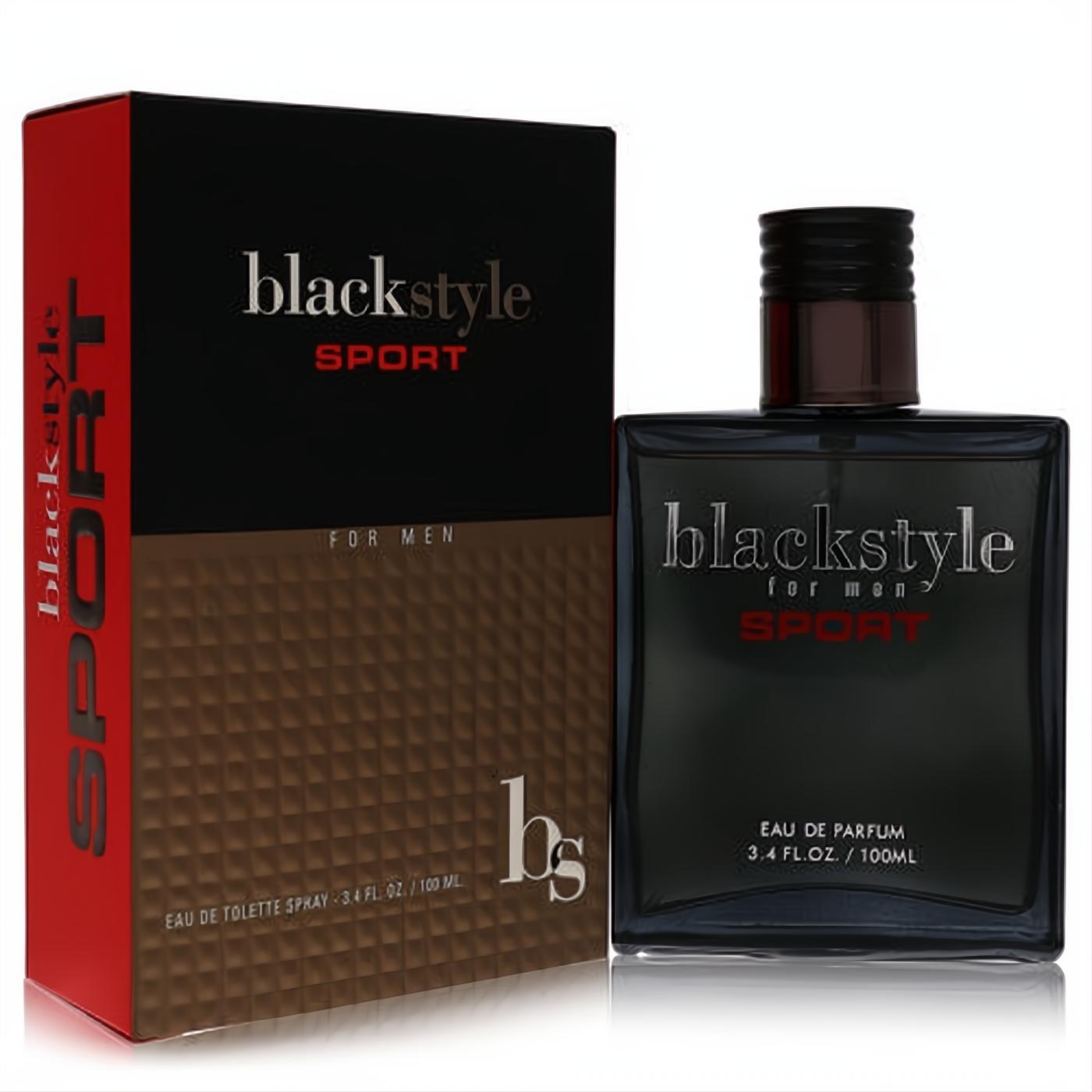 Sleek Black Style Sport 3.4 oz Eau De Toilette for men. Dark glass bottle with black cap, next to its bold black and red textured box.
