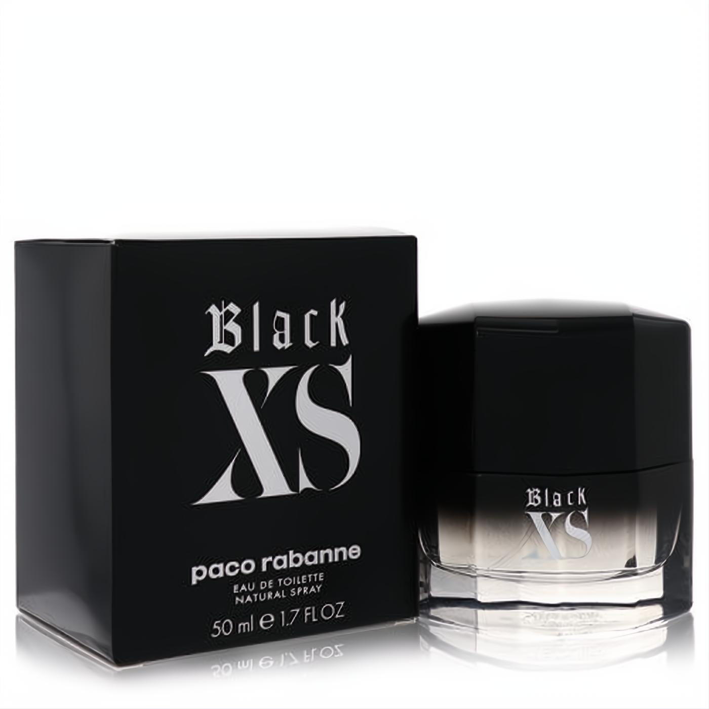 Paco Rabanne Black XS 1.7 oz EDT for men. Bold black bottle and box, featuring iconic silver gothic lettering.