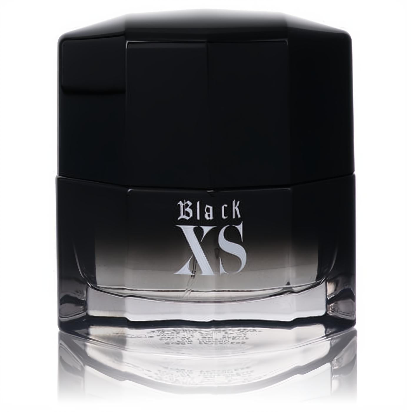 Experience Black XS: a sleek men's fragrance bottle with a bold black faceted cap and clear glass base featuring the iconic logo.