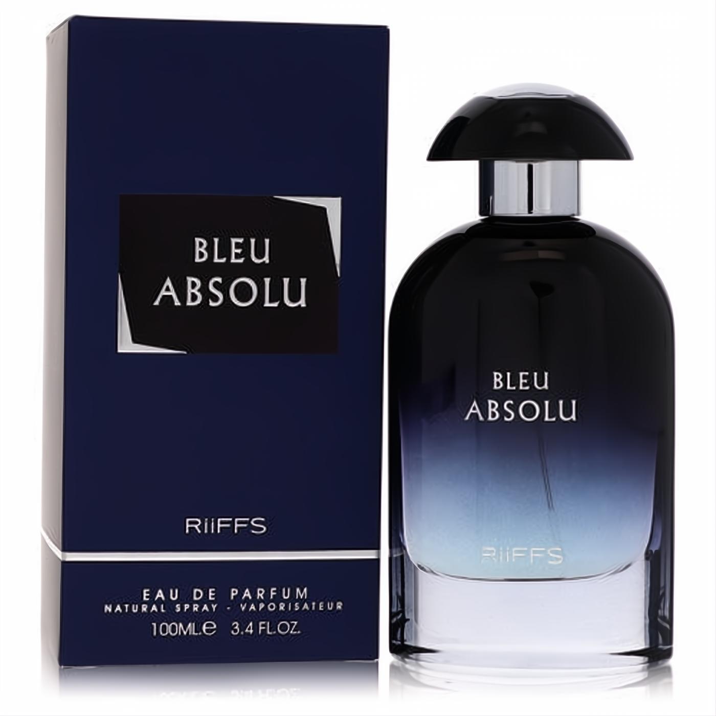 Discover Riiffs Bleu Absolu 3.4 oz unisex Eau De Parfum. Elegant blue ombre glass bottle and matching dark blue box.