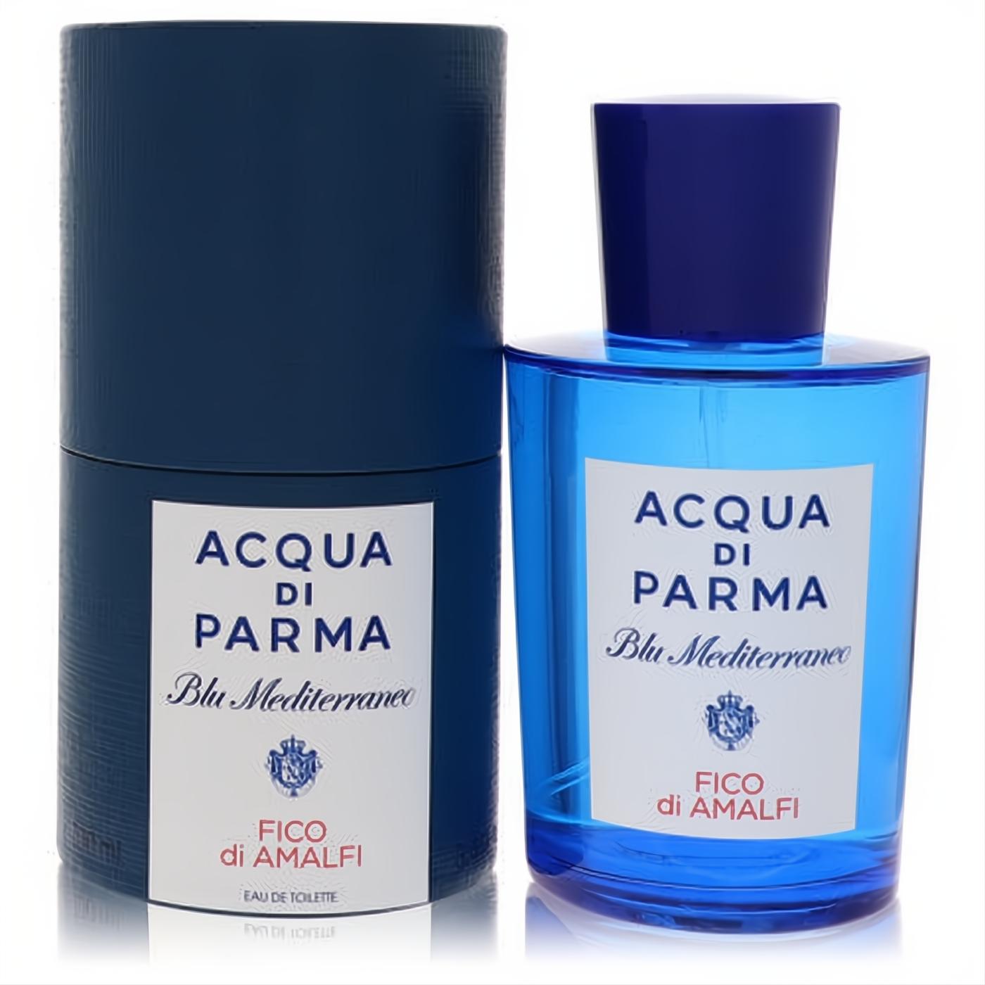 Vibrant Acqua Di Parma Fico Di Amalfi 3.4 oz EDT in a sleek blue glass bottle with a dark blue cap and matching textured box.