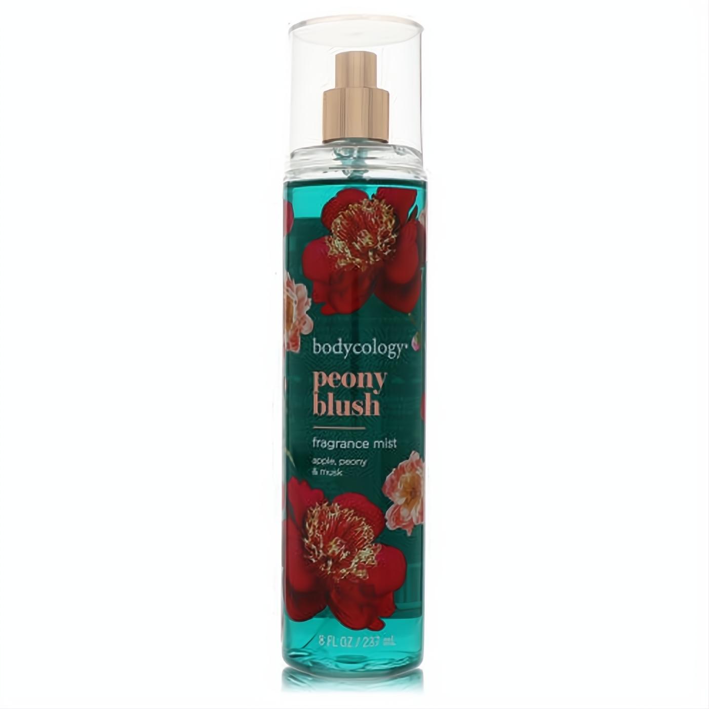 Bodycology Peony Blush 8 oz fragrance mist. Clear bottle, vibrant teal liquid, red peony floral label, gold sprayer.